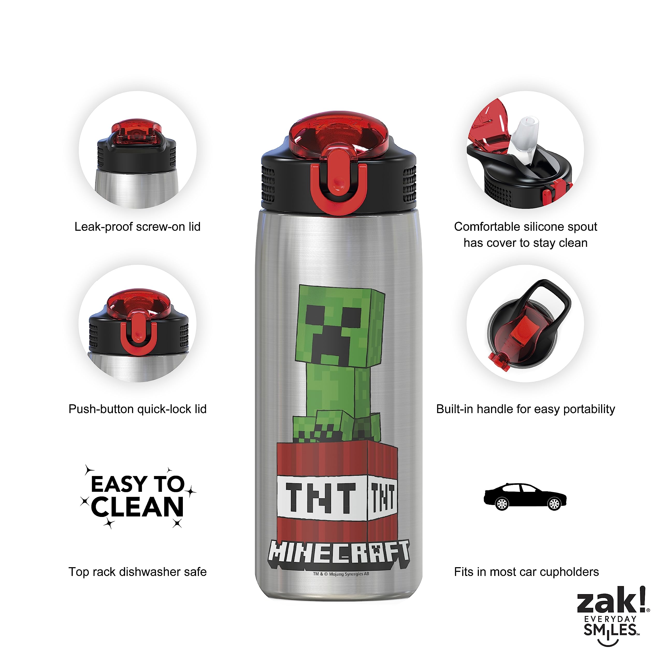Zak Designs - Mici-V151 Zak Designs 27Oz Minecraft 18/8 Stainless Steel Water Bottle With Flip-Up Straw Spout And Locking Spout