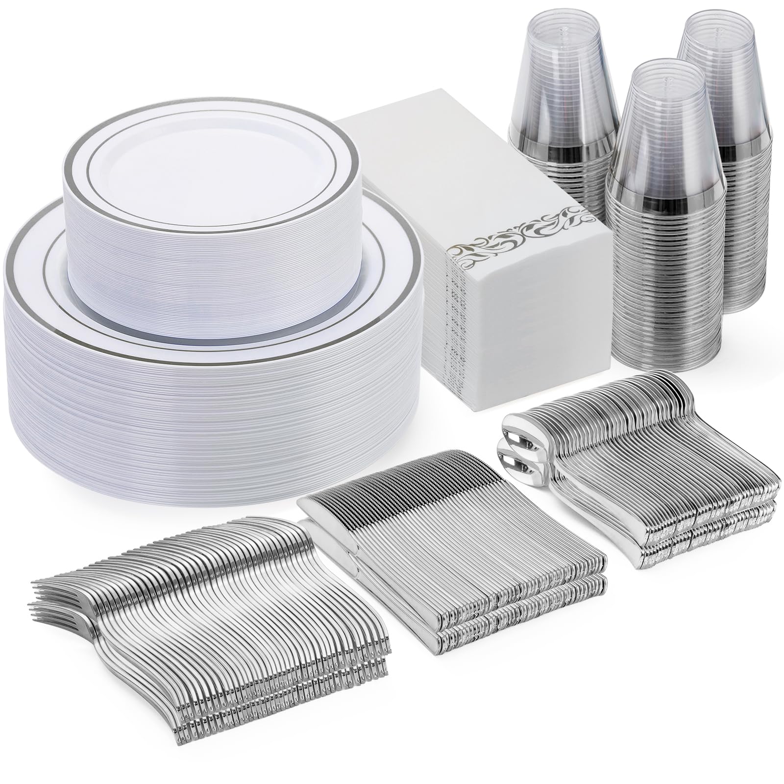 350 Piece Silver Dinnerware Set For 50 Guests, Disposable Plastic Plates For Party, Include: 50 Silver Rim Dinner Plates, 50 Des