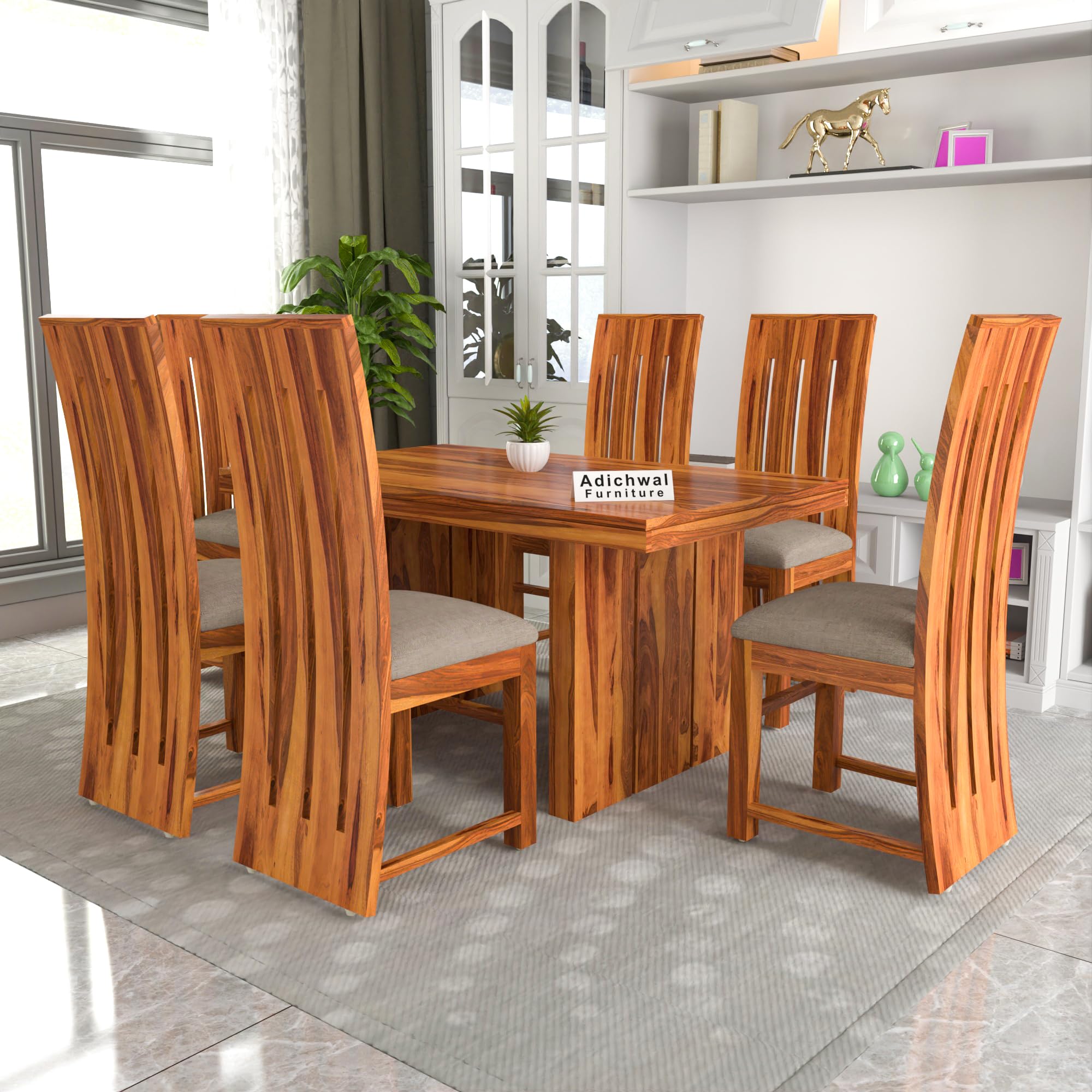 Adichwal Furniture Solid Sheesham Wood 6 Seater Dining Table Set With Cushioned Chairs For Dining Room | Living Room | Home & Of