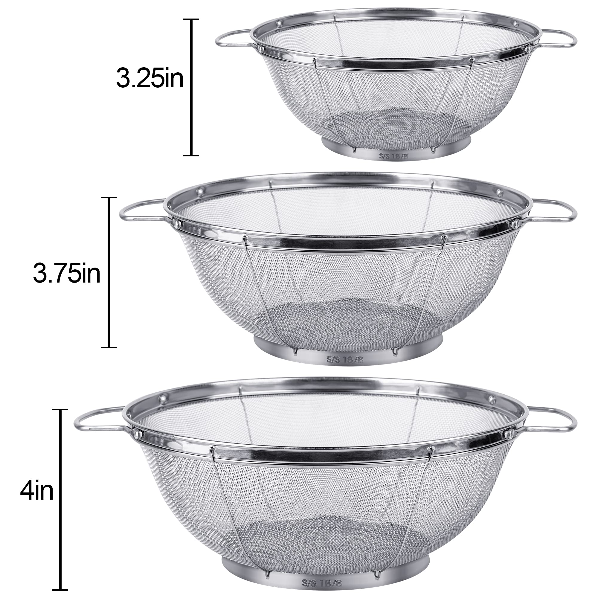 3 Pack 18/8 Stainless Steel Colander Sieves(5-Quart, 4-Quart And 3-Quart), Mesh Strainer Net Baskets With Handles & Resting Base