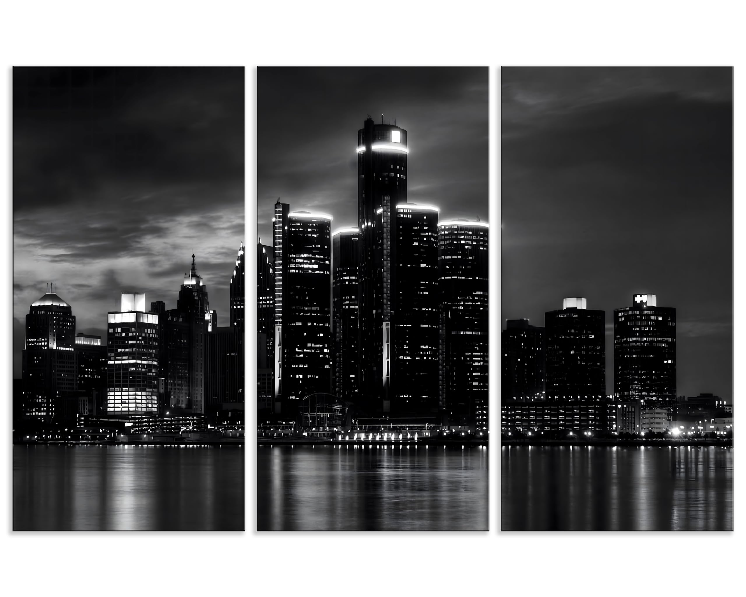 Nan Wind 3 Pcs Detroit Skyline Canvas Wall Art Cityscape Night Scene Black And White City Art Print On Canvas Modern Giclee Fram