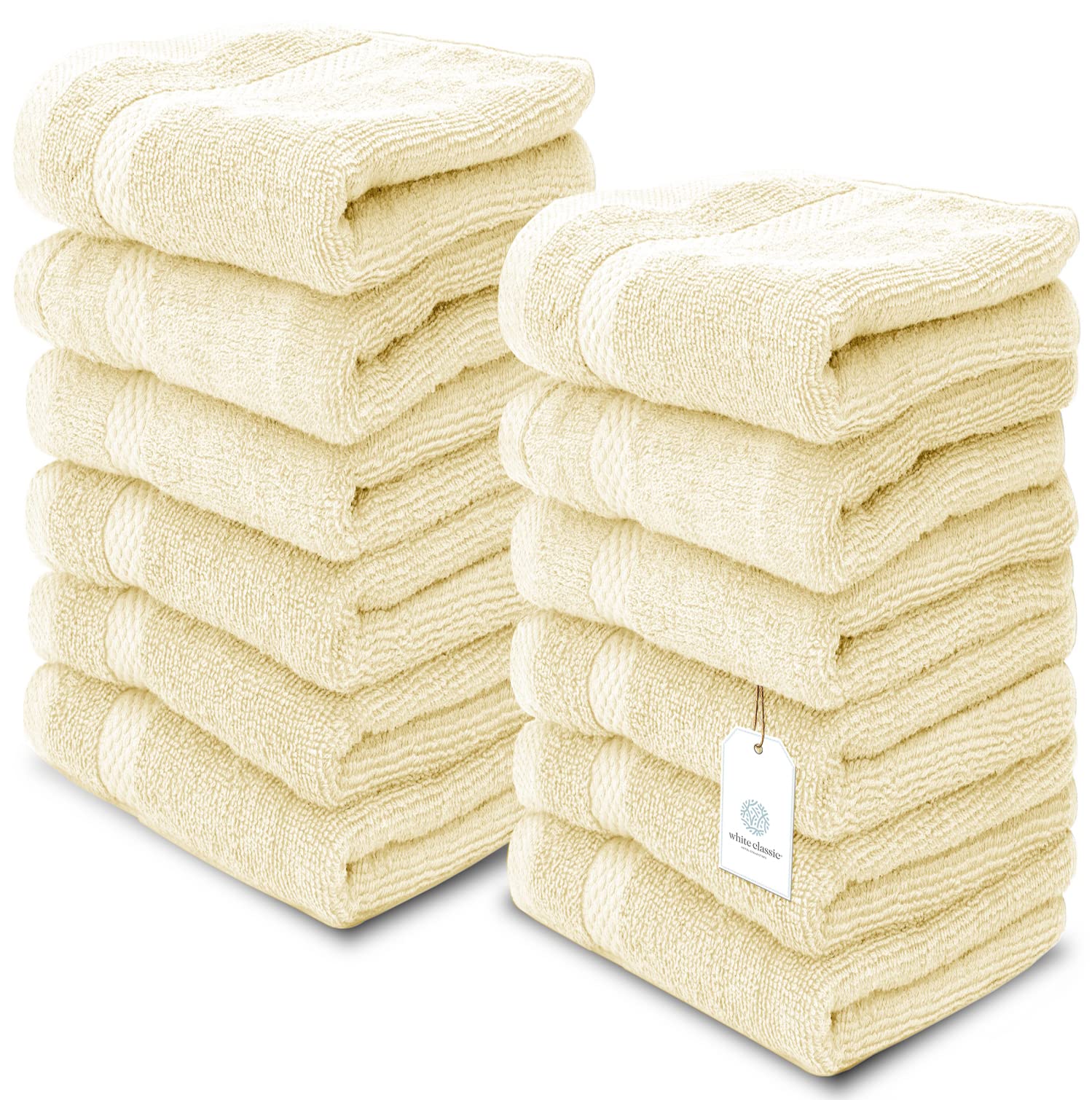 White Classic Luxury Cotton Washcloths - Large Hotel Spa Bathroom Face Towel | 12 Pack | Beige