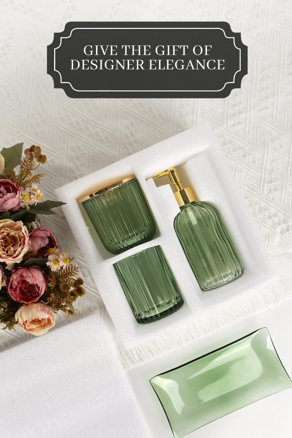 Designer Green Glass Bathroom Accessories Sets - 4 Pcs With Lotion Soap Dispenser, Bathroom Toothbrush Holder, Vanity Tray, And