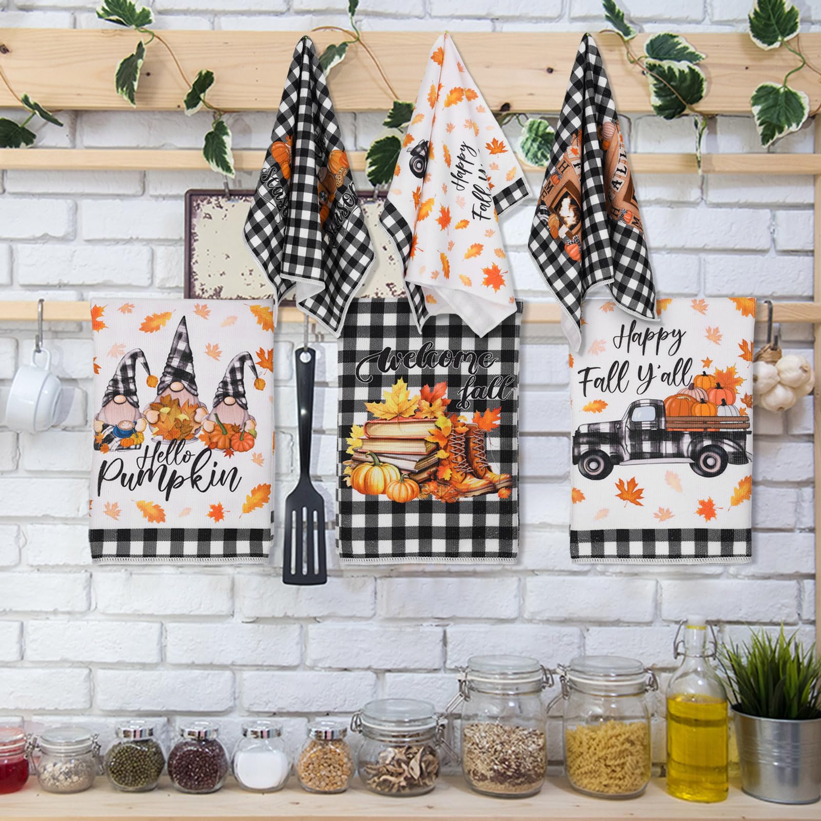 Windkream 6 Pieces Fall Thanksgiving Kitchen Towels Pumpkin Gnome Dish Towels Autumn Bathroom Hand Towels 21.26 x 14.17 Inch Buf