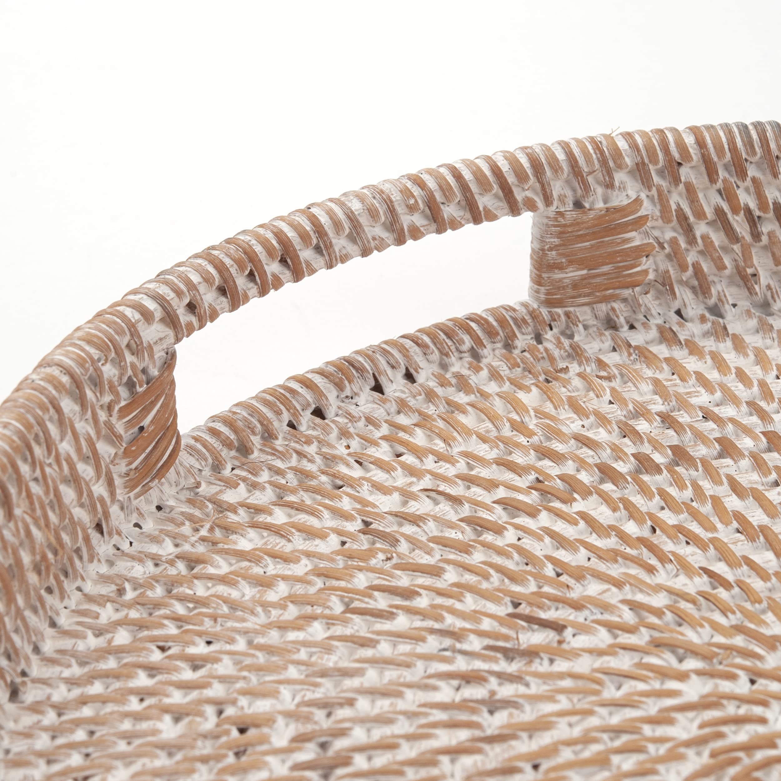 Round Rattan Serving Tray Decorative Woven Ottoman Trays With Handles For Coffee Table White (Small 11.8 Inch X 2.4 Inch)