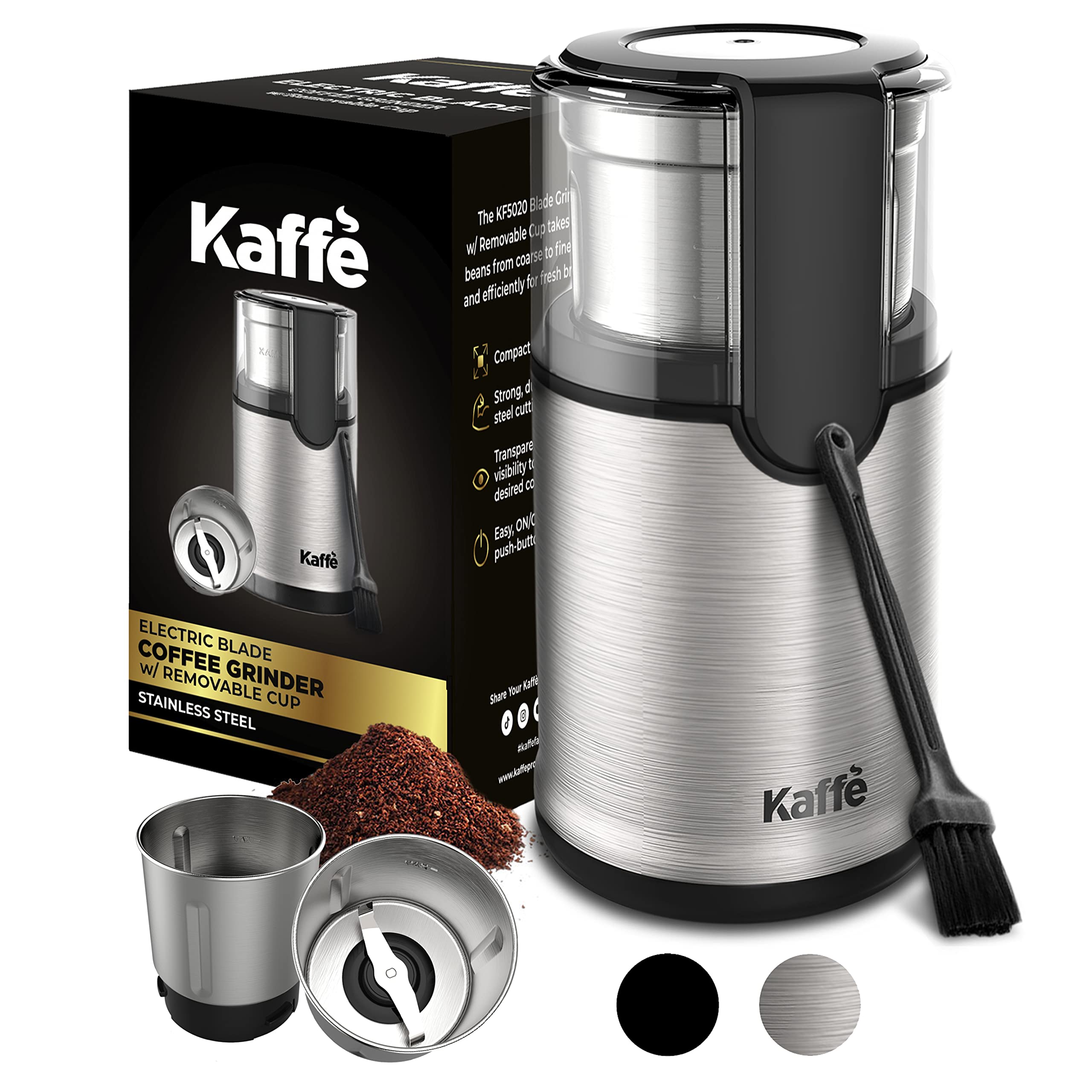 Kaffe Electric Blade Coffee Grinder W/Removable Cup. 4.5Oz 14-Cup Capacity. Cleaning Brush Included. Perfect Grinder For Coffee,