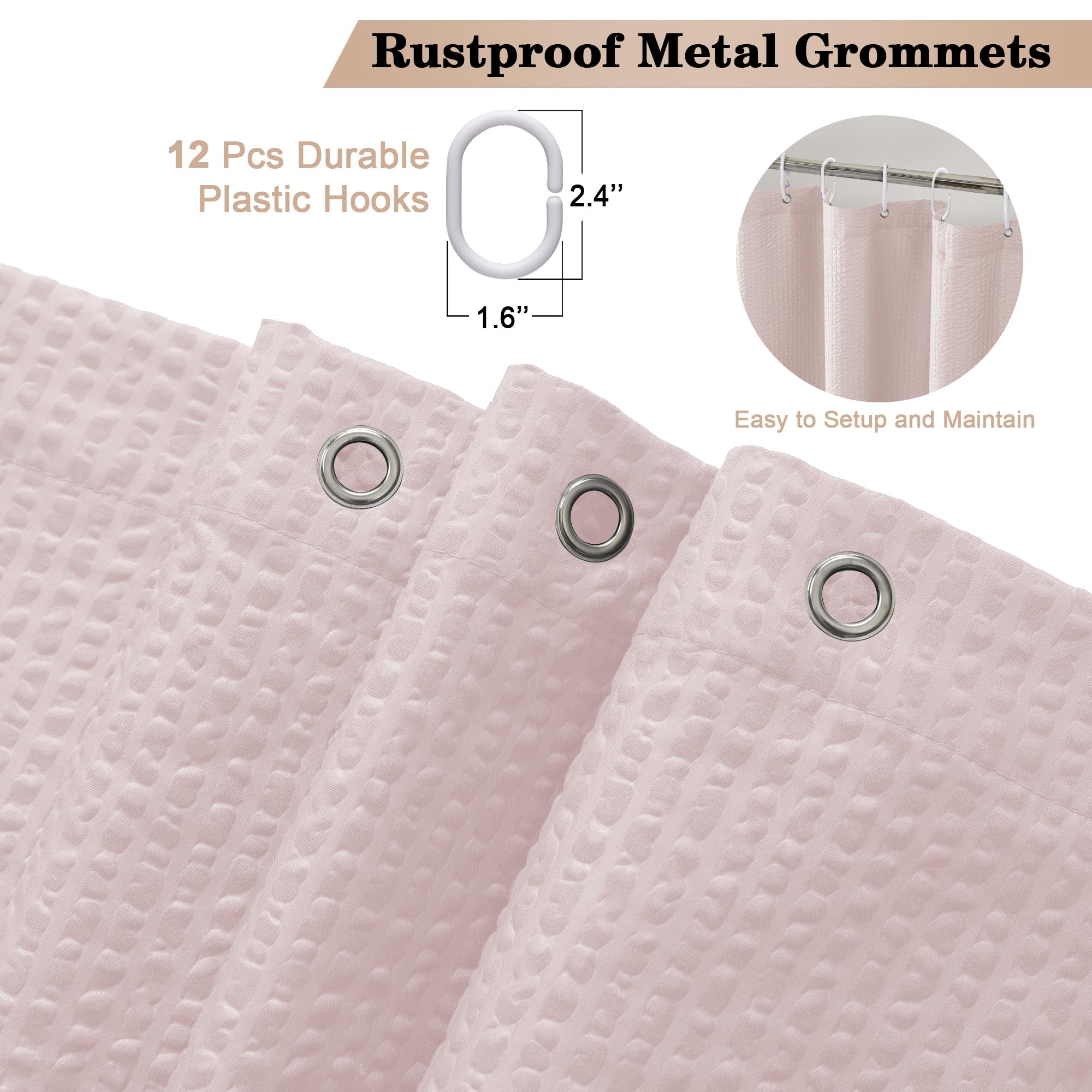 Ovzme Berry 78 Inch Shower Curtain Set With 12 Plastic Hooks, 3D Embossed Fabric Blush Pink Shower Curtain For Bathroom - Long S