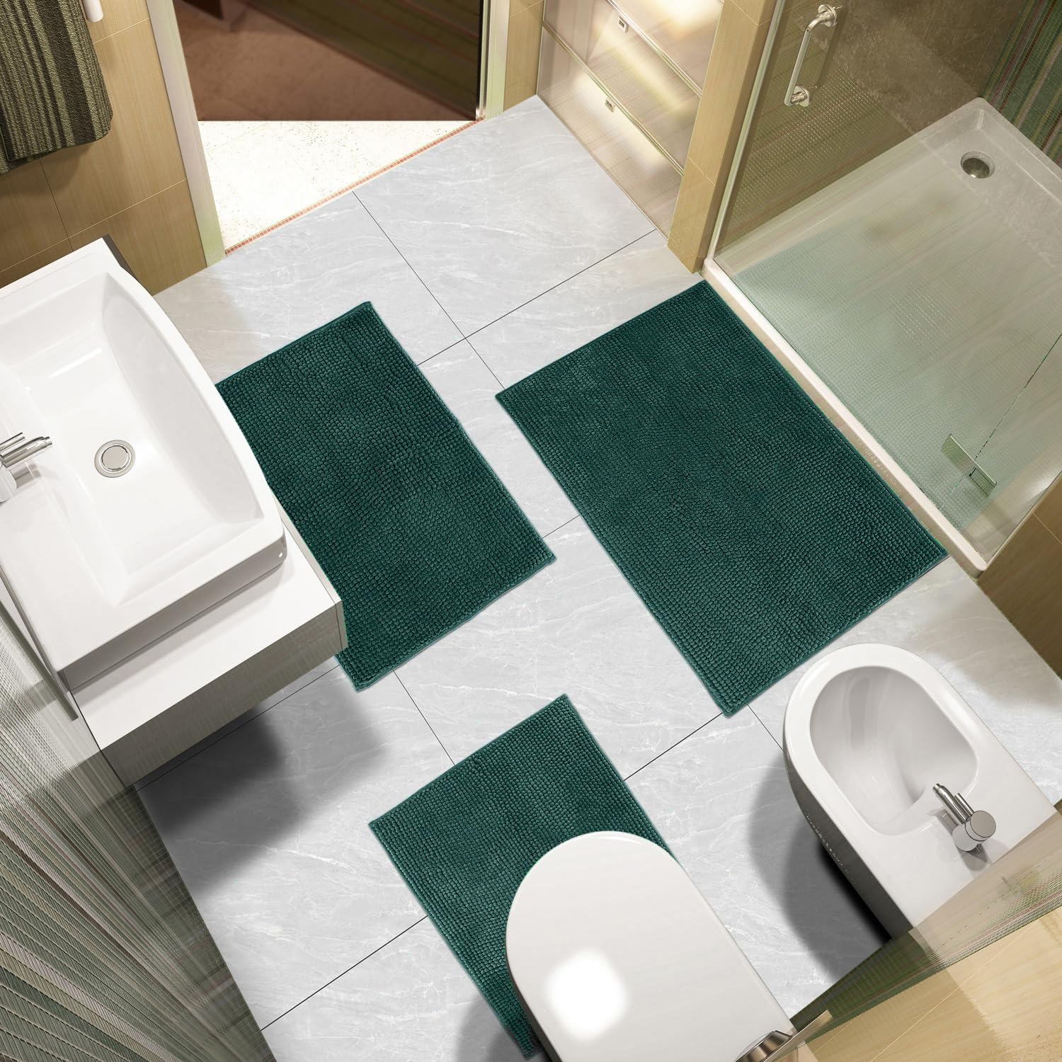 Urvoix Bathroom Rugs Sets 3 Piece  Non-Slip Chenille Bath Rug - Ultra Soft  Washable  Super Absorbent Bath Mat for Bathroom  Toilet and Tub (Dark Green)