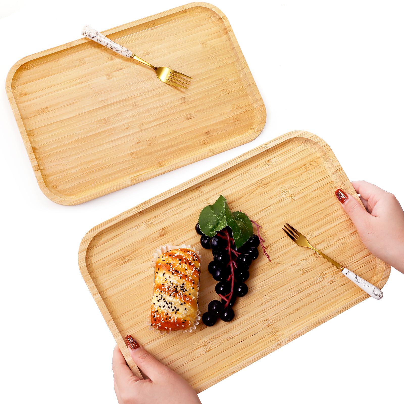 Yarlung 2 Pack Bamboo Tray Cheese Plate, 14X9 Inches Food Serving Saucer Wood Rectangular Platter For Coffee, Tea, Fruit, Plant