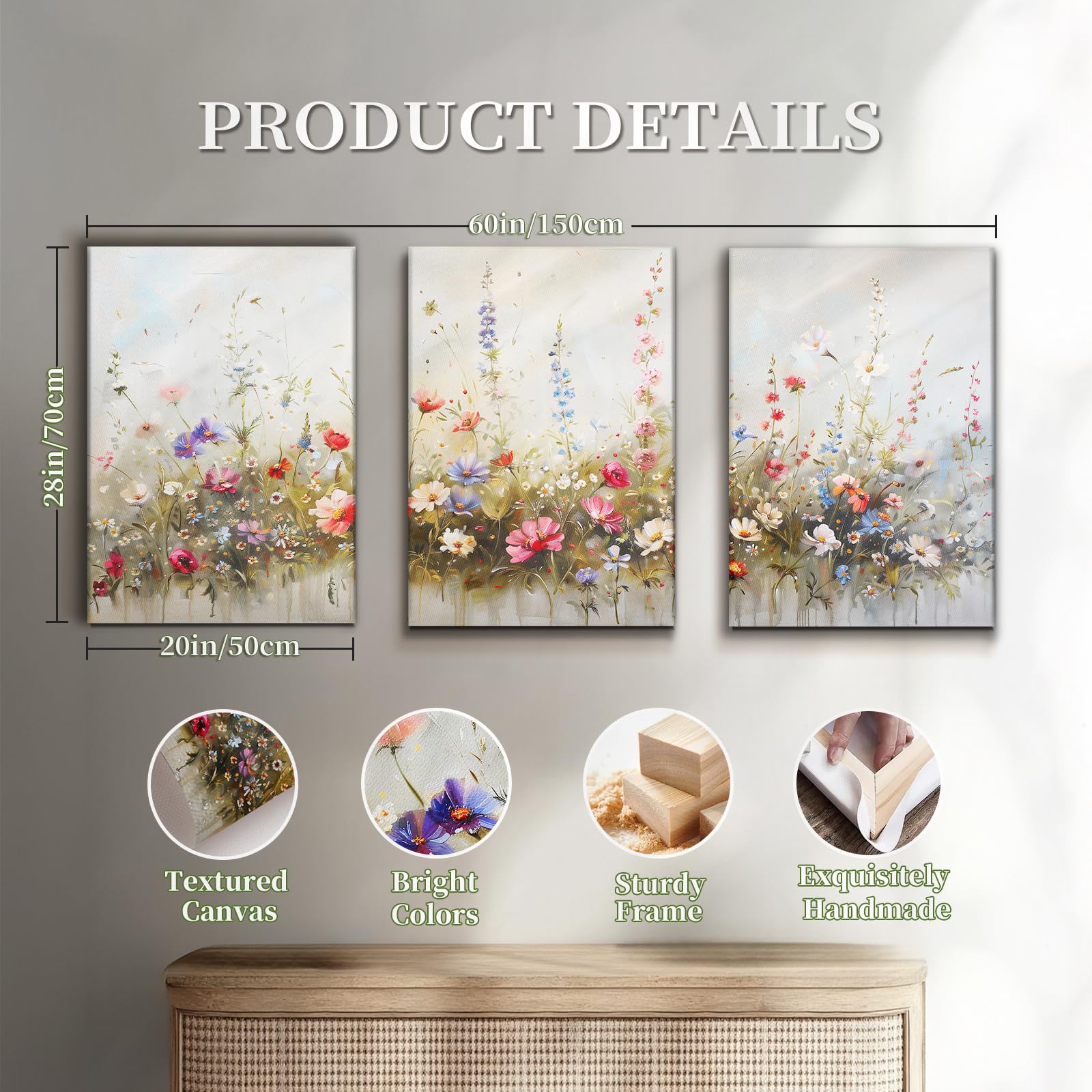 Serimino Large Wall Art For Living Room Canvas Prints, Nature Floral Botanical Wall Art Set 3 Piece Farmhouse Decor, Misty Flowe