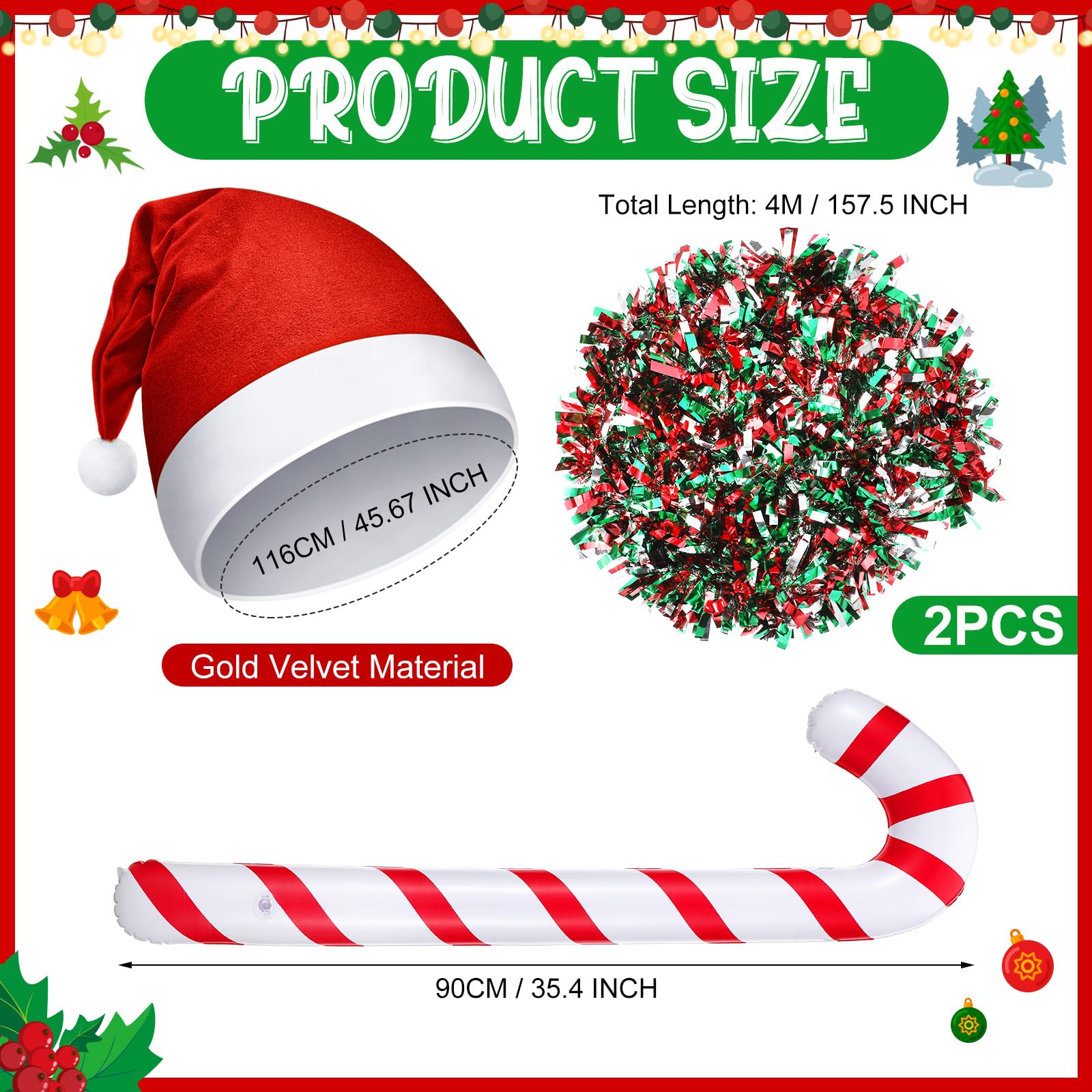 Cozypower Christmas 12 ft Skeleton Santa Outfit Accessory Santa Hat Tinsel Garlands String Light Inflatable Candy Cane(Classic R