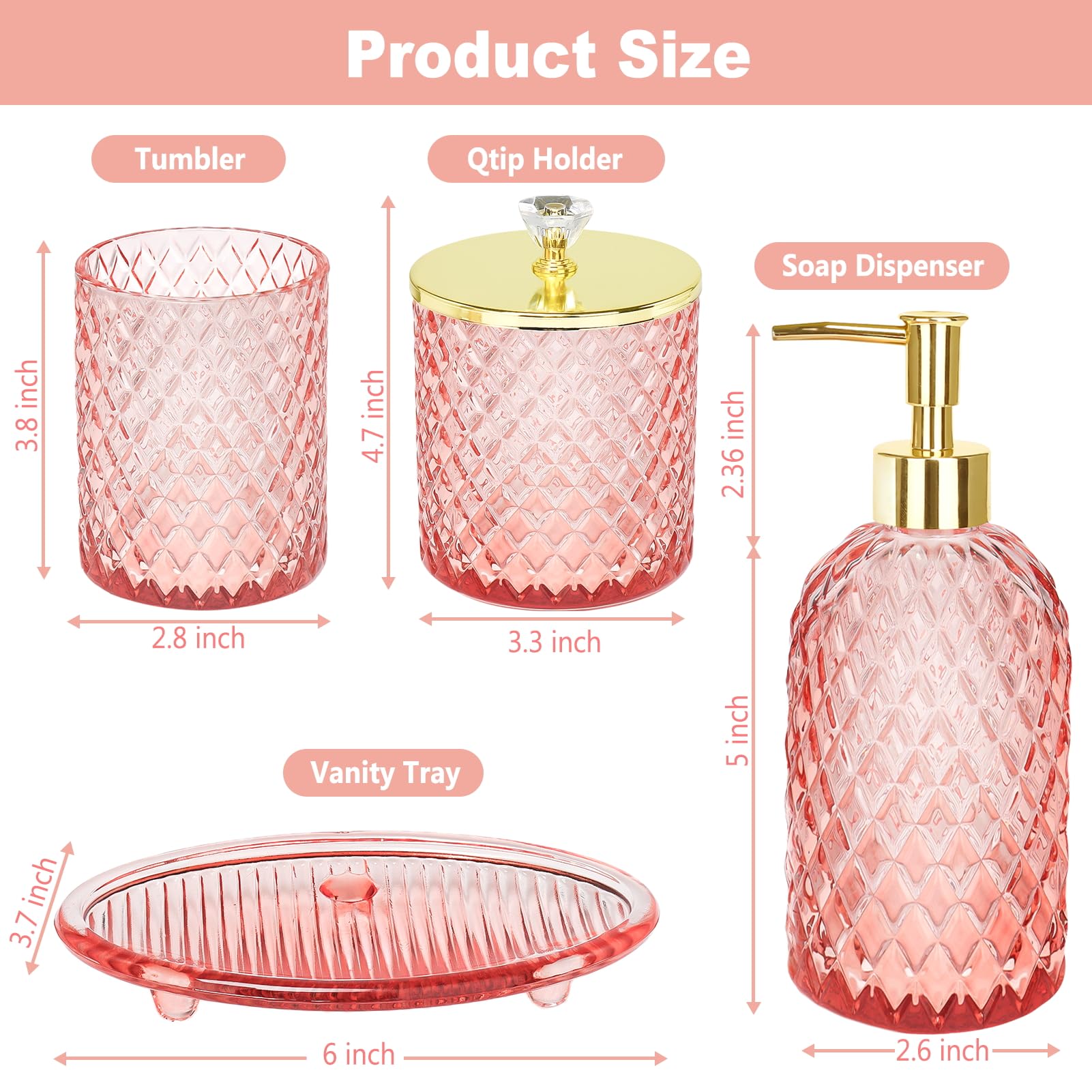 Haturi Pink Bathroom Accessories Set, 4 Pcs Glass Bathroom Accessory Set Complete W/Soap Dispenser, Toothbrush Holder, Qtip Hold