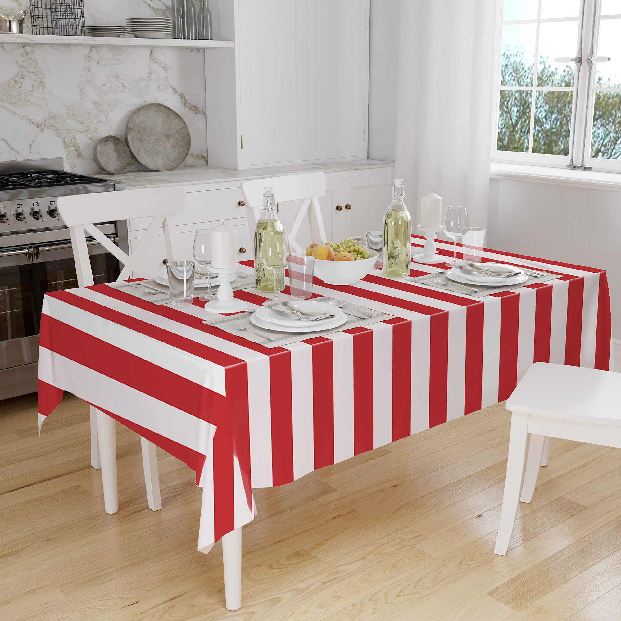 peony man 2 Pieces Red and White Striped Tablecloth Plastic Stripe Table Cover Carnival Circus Tablecloths Waterproof Rectangle Tablecloth for Holiday Party Picnic Decoration  54'' x 107''
