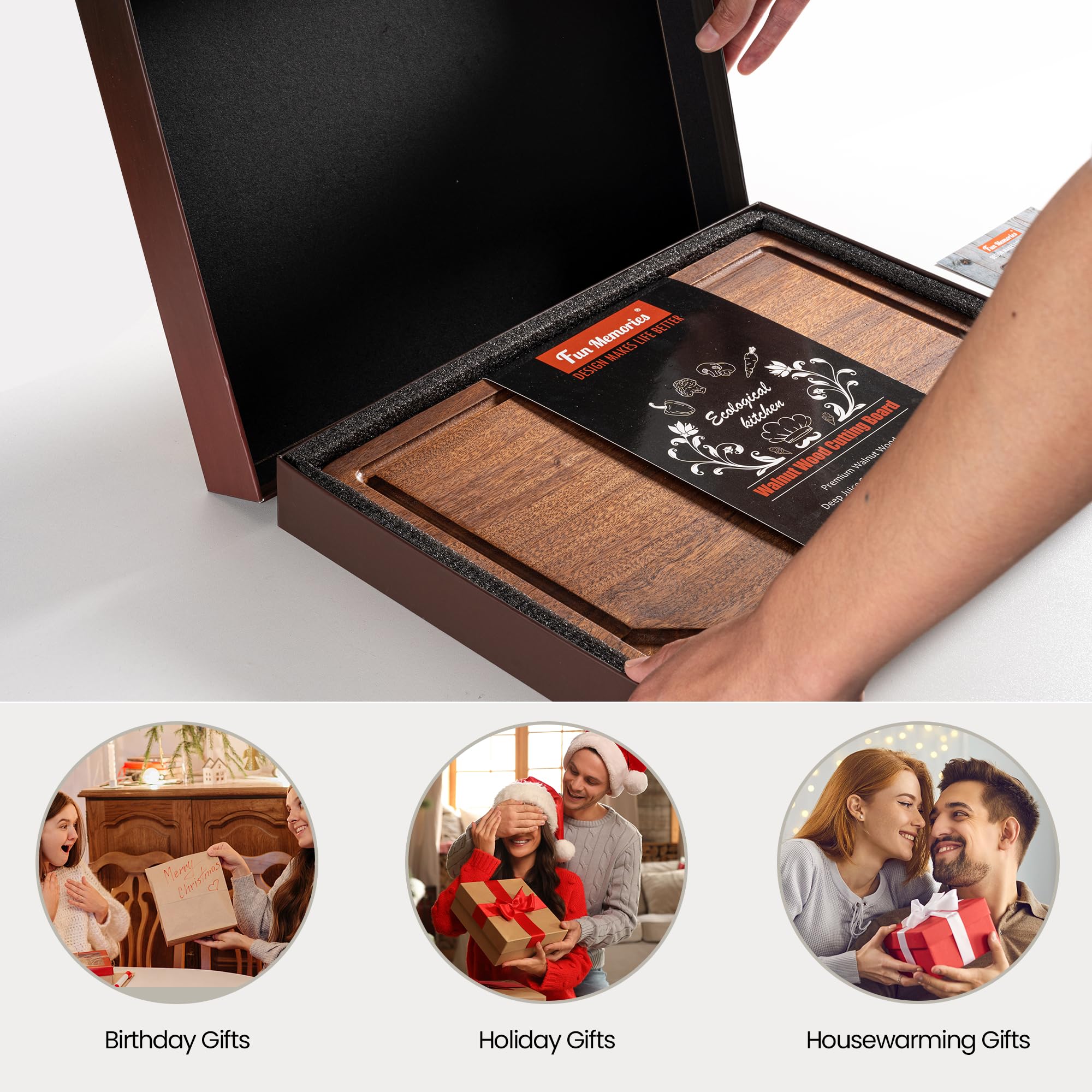 Fun Memories Black Walnut Cutting Board for Kitchen, Reversible Large Butcher Block Cutting Board Carving Board with Juice Groov