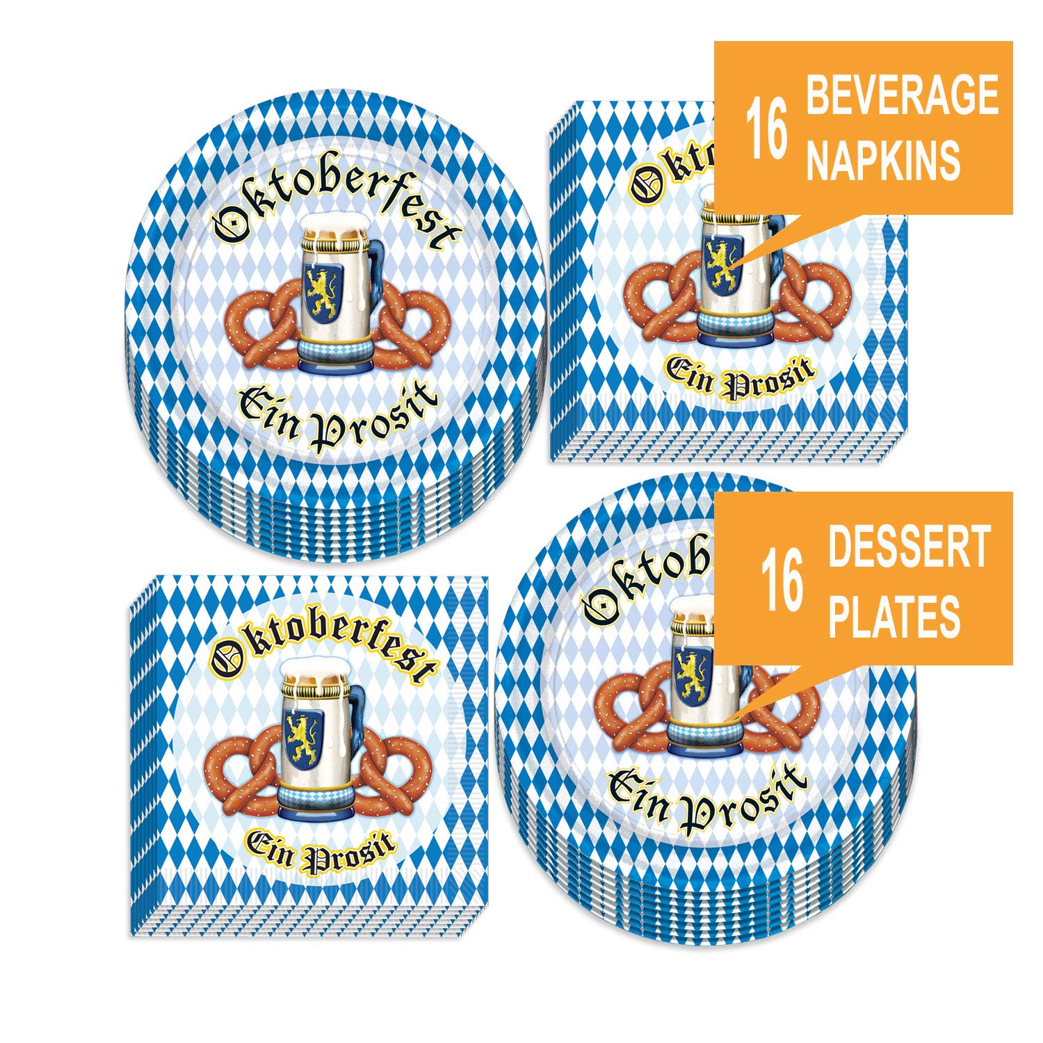 Oktoberfest Party Supplies - Blue and White Checkered Pretzel Paper Dessert Plates and Beverage Napkins (Serves 16)