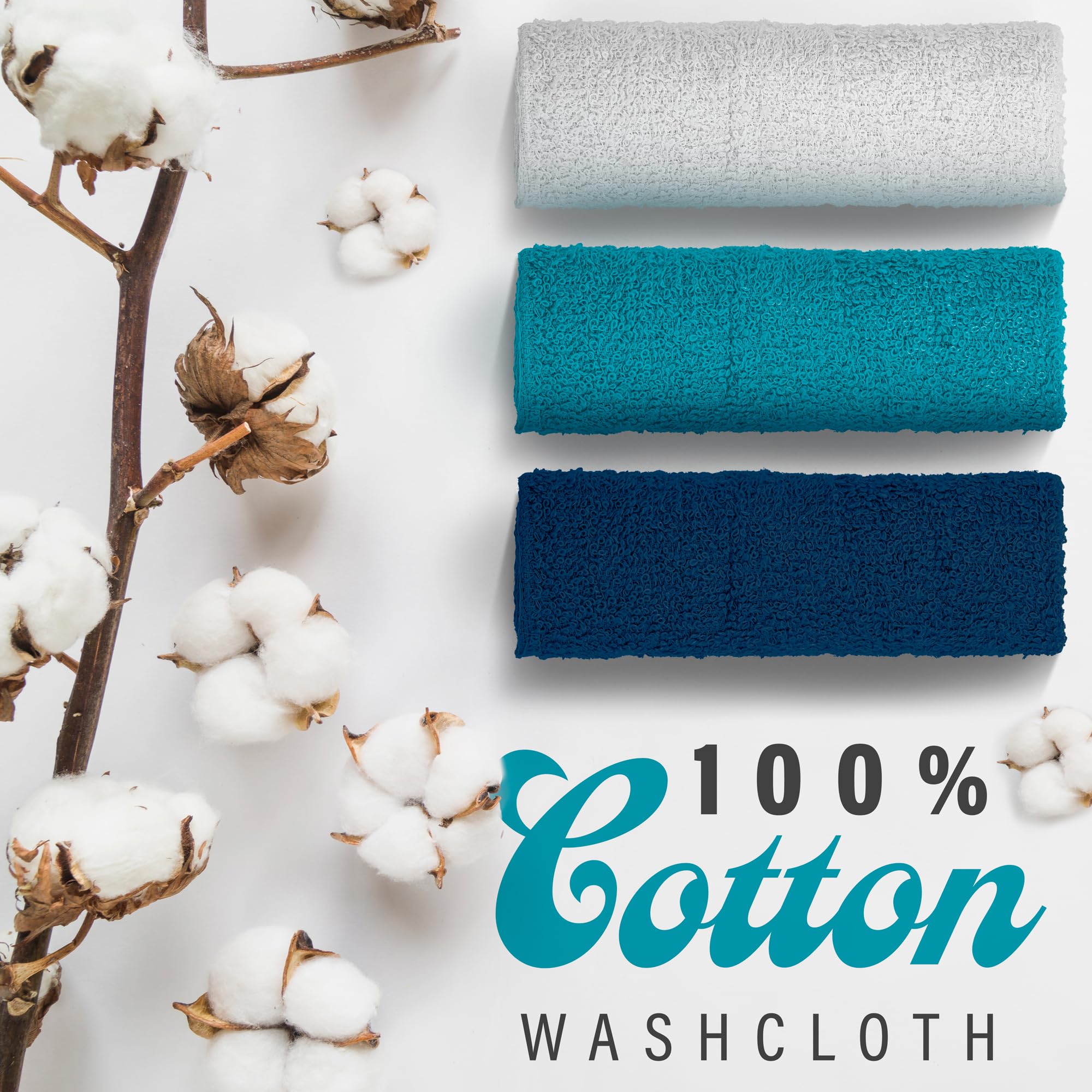 Decorrack 18 Pack 100% Cotton Wash Cloths, Ultra Soft, 11 X 11 Inch Ultra Absorbant, Machine Washable Premium Washcloths, Blue (