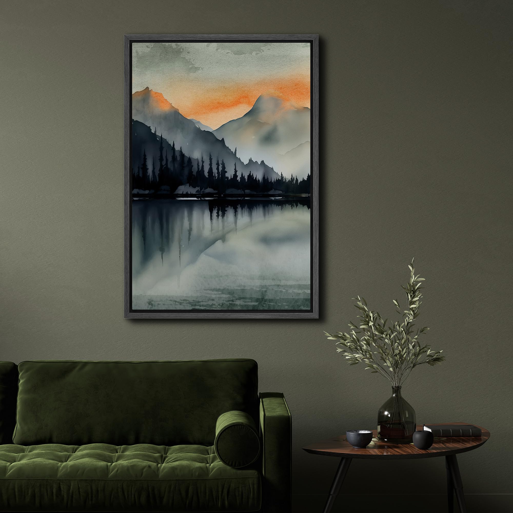 Signford Framed Canvas Print Wall Art Silhouetted Pine Trees By Tranquil Lake Nature Wilderness Illustrations Modern Art Decorat