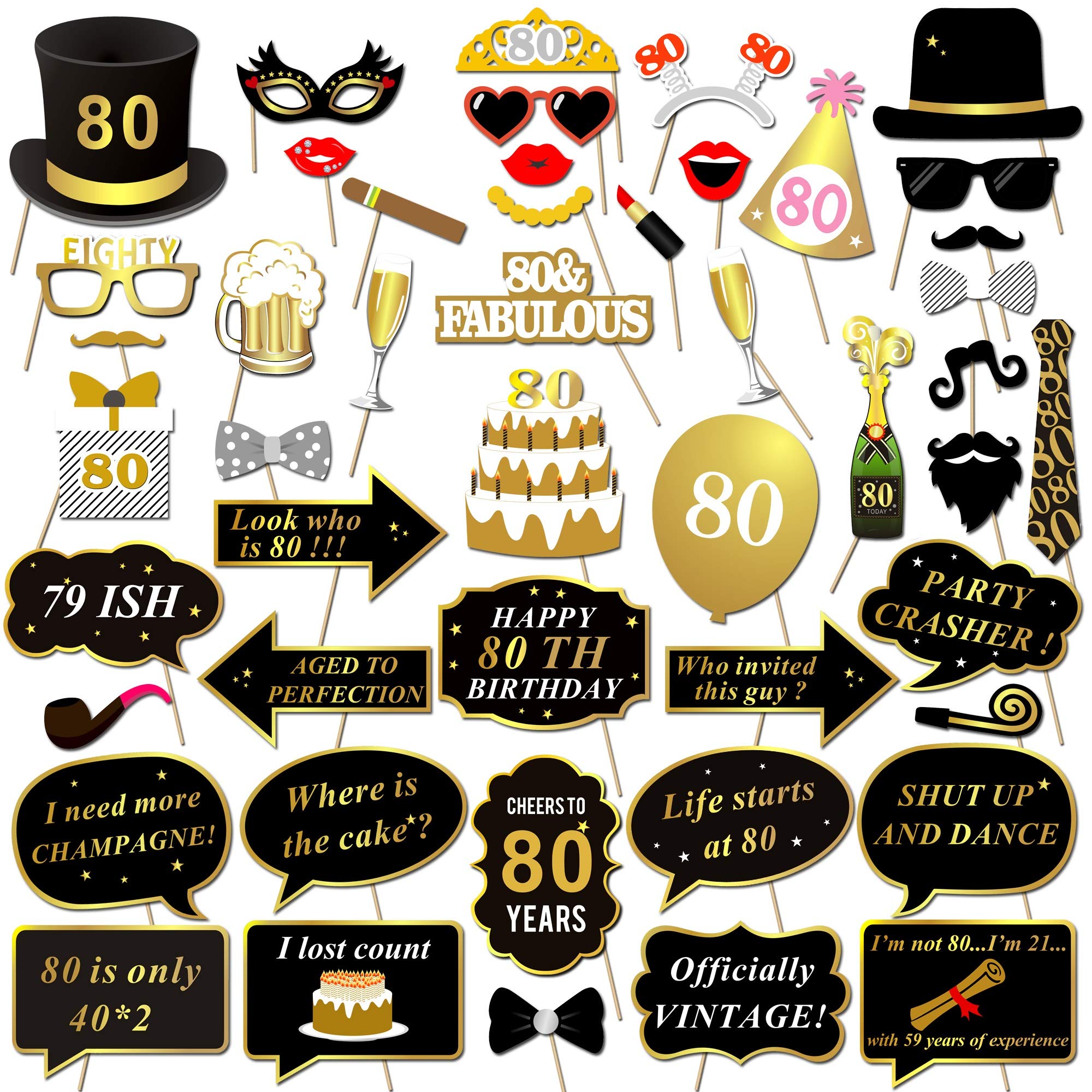 Konsait 80Th Birthday Photo Booth Props(48Count), Funny 80 Party Photo Props Kit Black Gold Decor With Stick For Man Woman 80Th