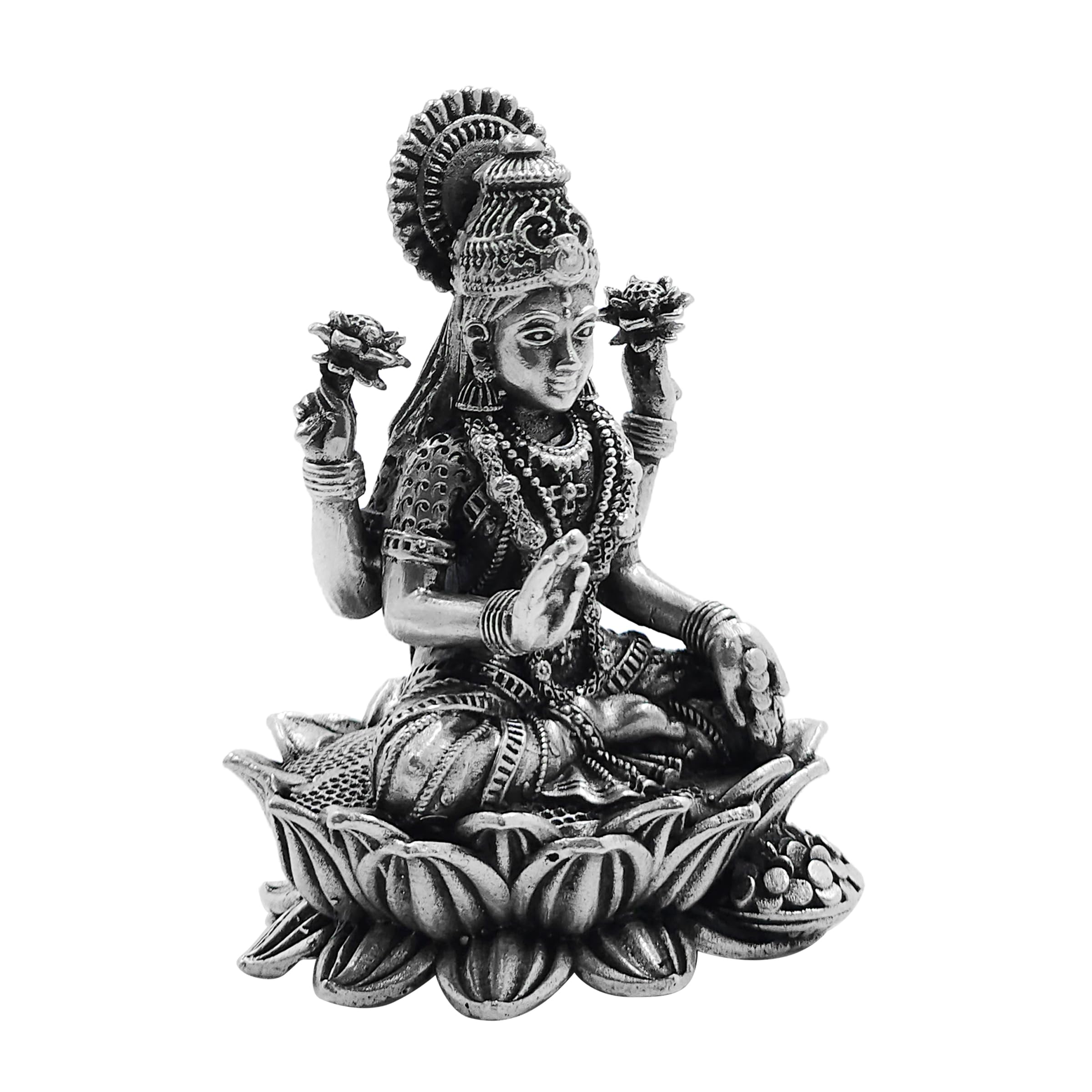 Maa Silver Pure Silver Goddess Lakshmi/Laxmiji Semi-Solid Idol/Murti On Lotus/Kamal With Antique Oxidized Finish Perfect For Poo