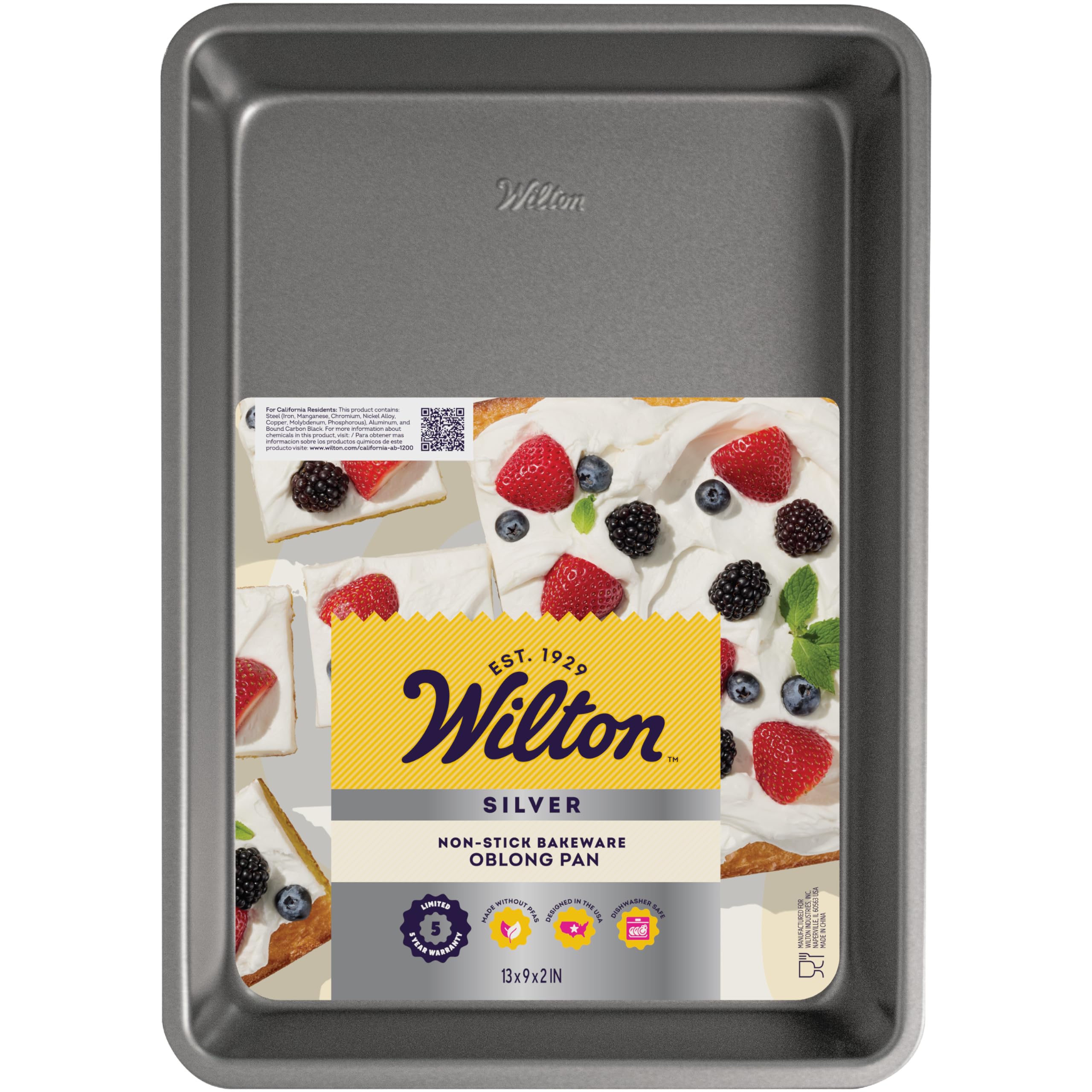Wilton Silver Non Stick Oblong Cake Pan, Perfect for Cake and Lasagna, Made without PFAS, Durable Steel, Even Heating, 13 x 9 x 