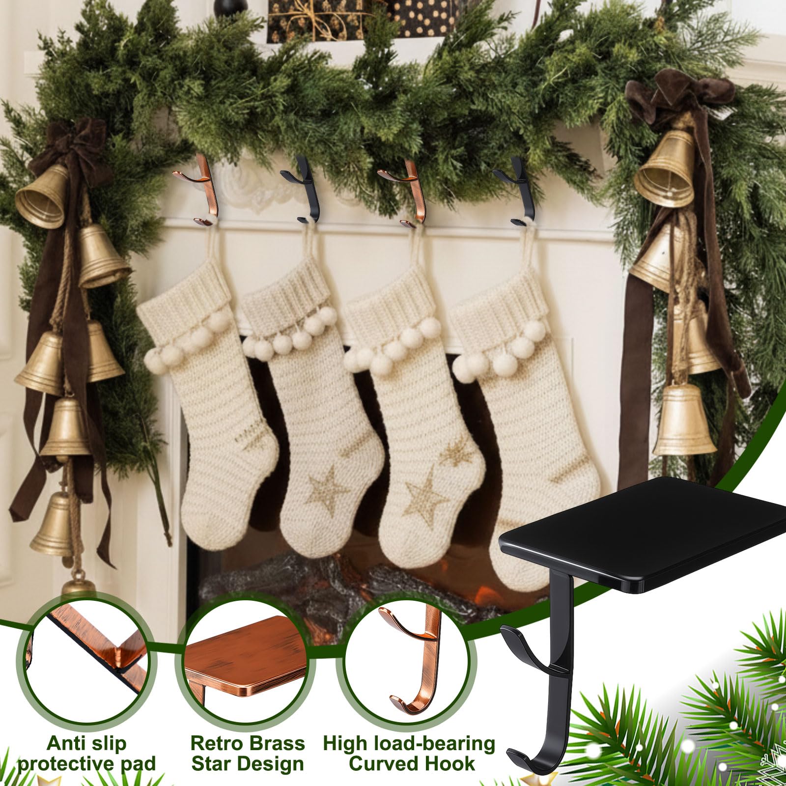6 Pcs 2 in 1 Christmas Garland Hangers for Mantle Fireplace Stocking and Garland Hanger Two Hooks Durable Wrought Iron Metal Hol