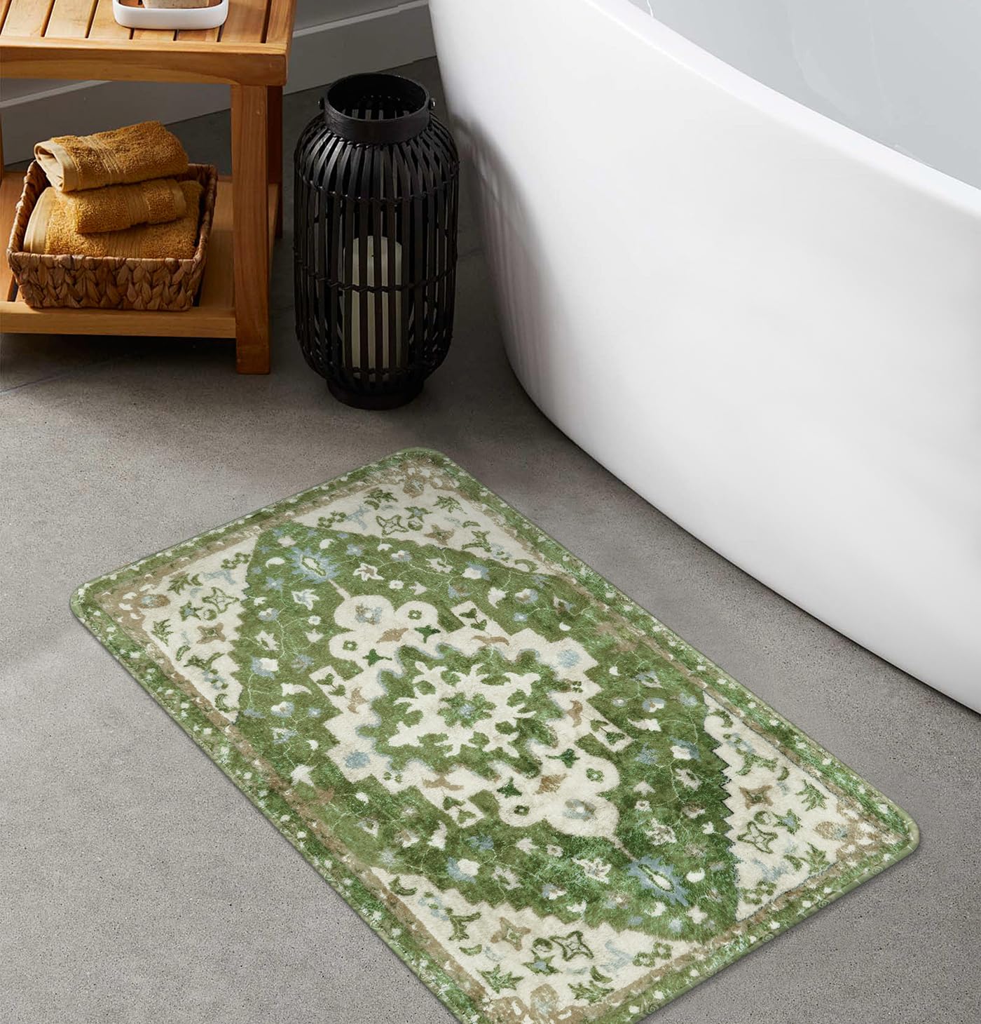 Uphome Vintage Tribal Bath Mat Sage Green Boho Non-Slip Bathroom Rug Oriental Soft Machine Washable Bathroom Mat Cute Aesthetic