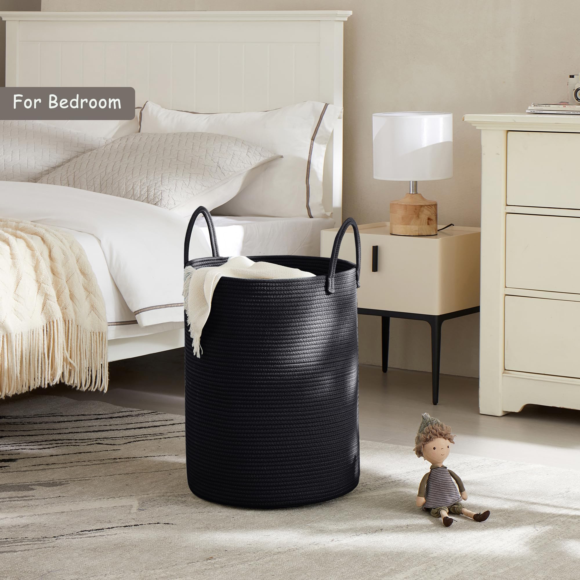 Mojoscend 62L Black Laundry Basket Hamper, 15Dx20H Inches Woven Rope Laundry Basket, Modern Hamper For Clothes In College Dorm