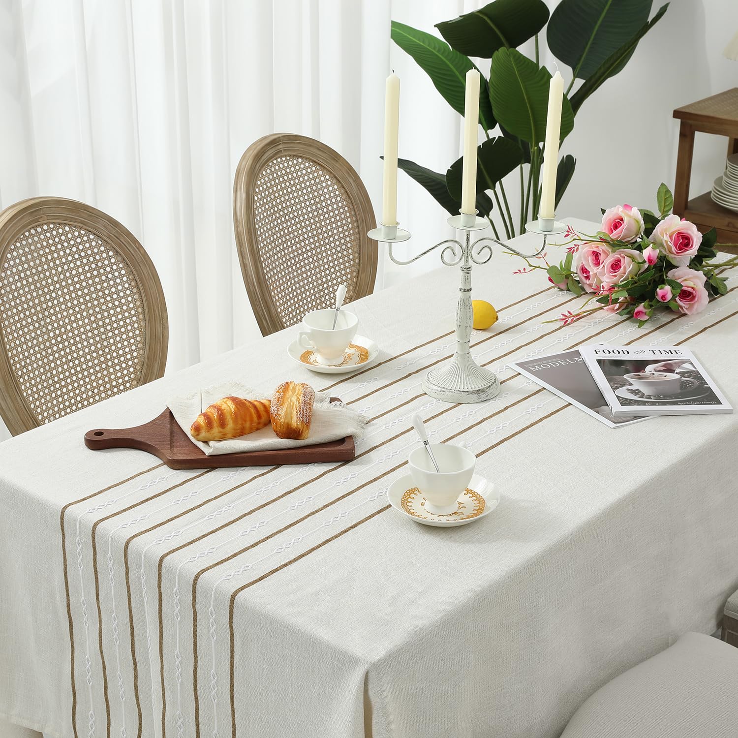 Chassic 60 X 120 Inches Farmhouse Style Linen Tablecloths, Boho 8 Foot Long Wrinkle Resistant Washable Rectangle Table Cloth For