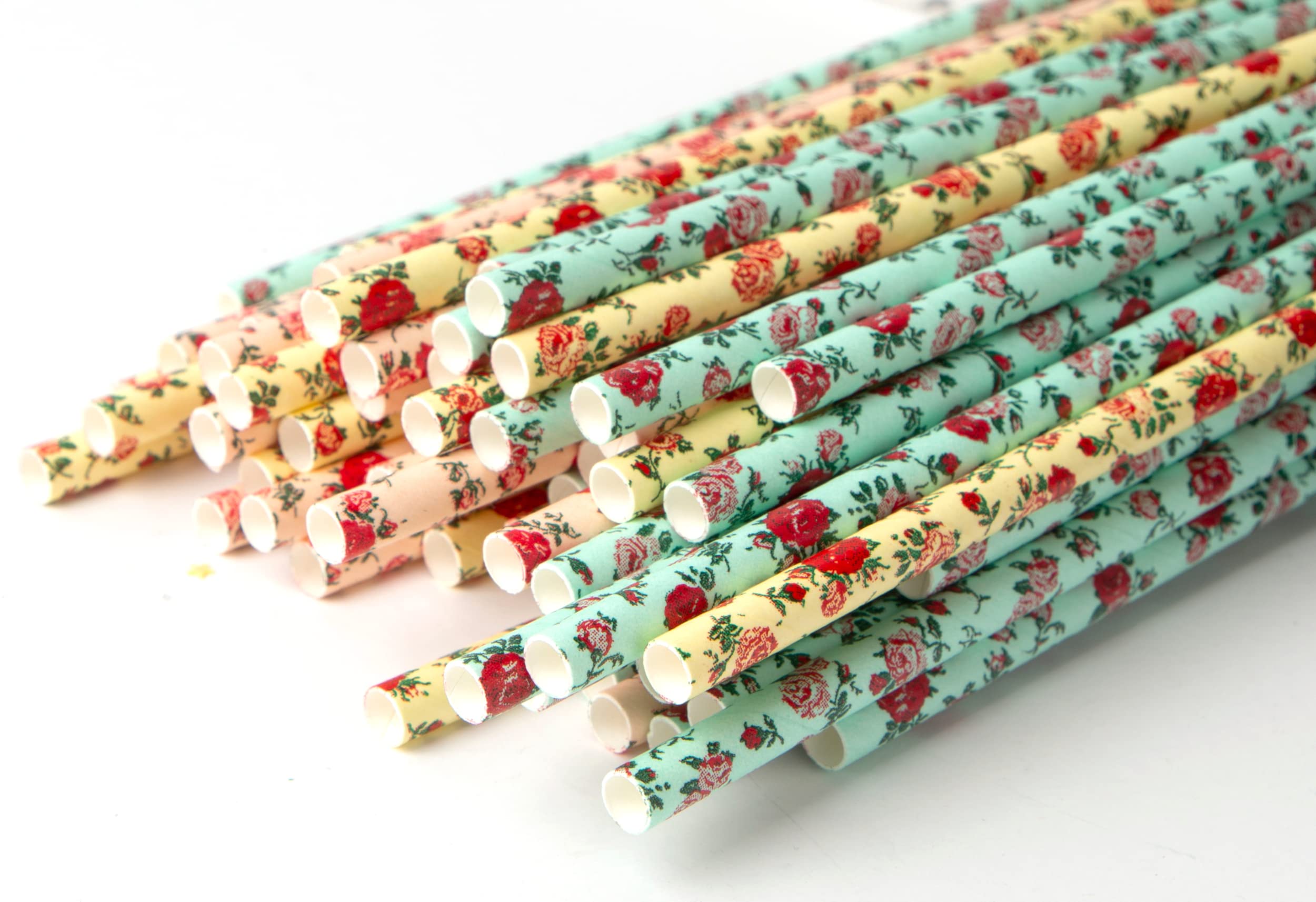 75-Pack Biodegradable Floral Paper Straws - Pink, Blue, Yellow - Vintage Flower & Rose Design - Eco-Friendly Disposable Straws F
