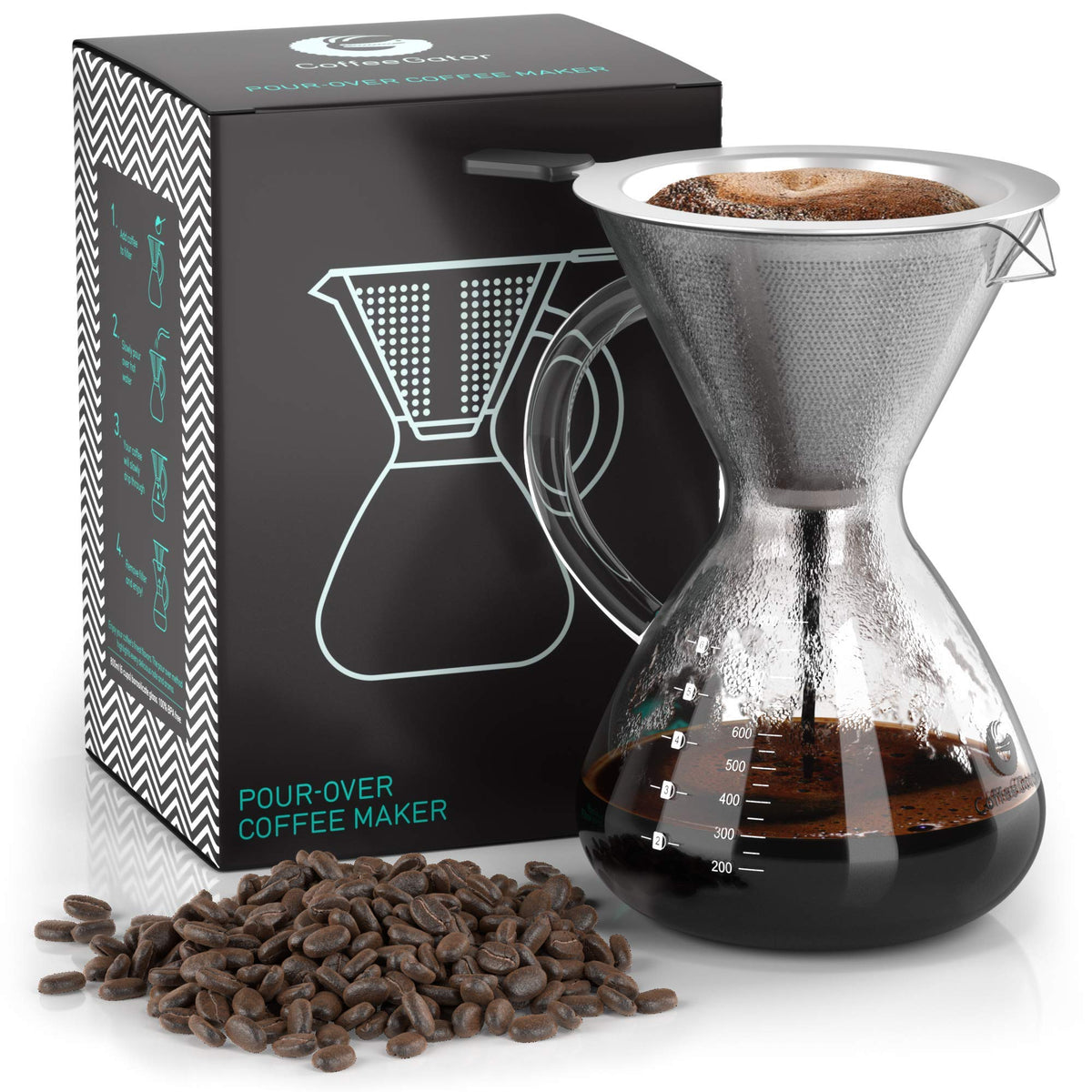 Coffee Gator Pour Over Coffee Maker - 27 Oz Paperless, Portable, Drip Coffee Brewer Pour Over Set W/Glass Carafe & Stainless-Ste