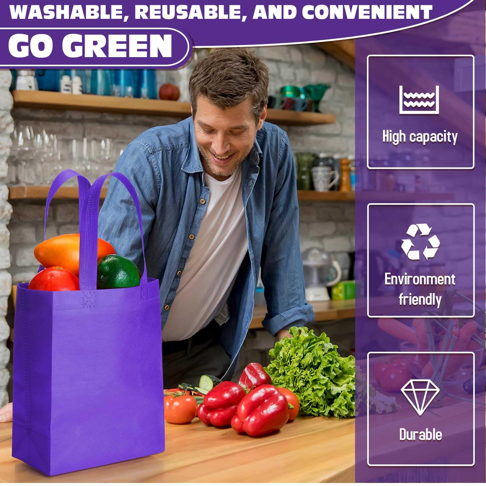 Windyun 50 Pcs Reusable Tote Bag Bulk 8 x 4 x 10 Inch Non Woven Shopping Bag with Handle Christmas Reusable Grocery Gift Tote(Da