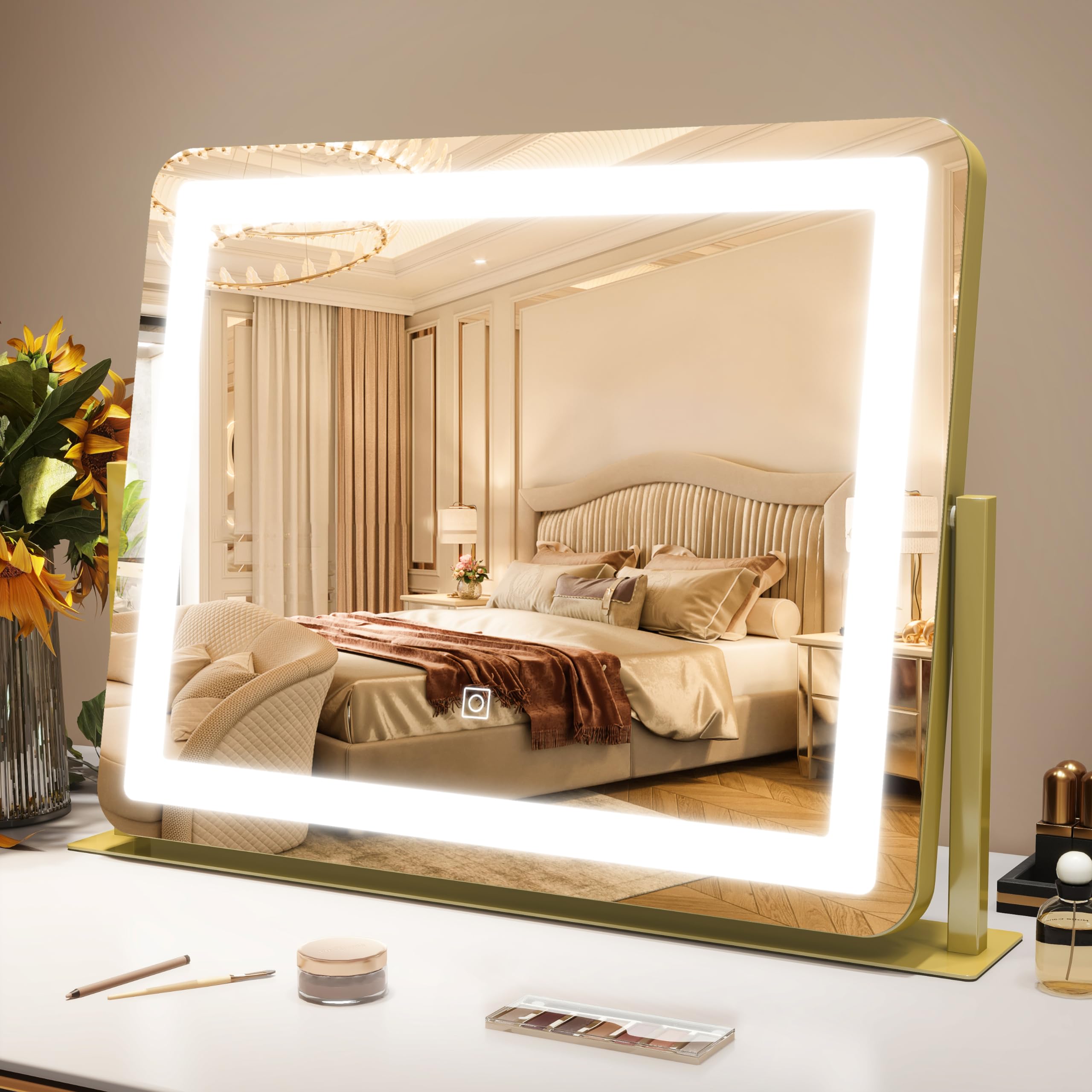 Rolove Gold Vanity Mirror With Lights - Smart Touch Dimming, 3-Color Lighting, 360 Rotatable Desktop Makeup Mirror For Desk, 22X