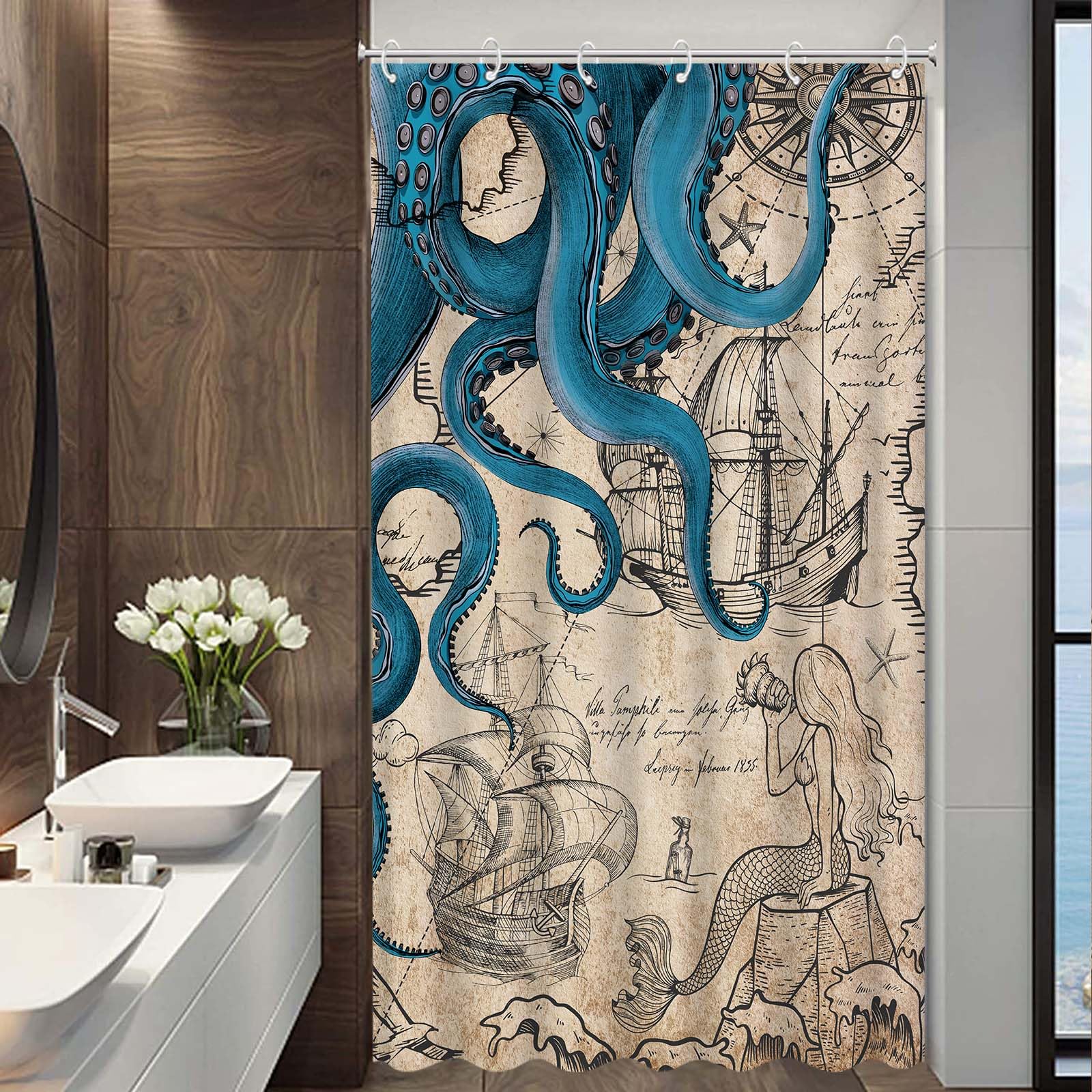 Fungarth Stall Vintage Nautical Octopus Shower Curtain Navy Blue Mermaid Funny Ocean Kraken Shower Curtains For Bathroom Cool An