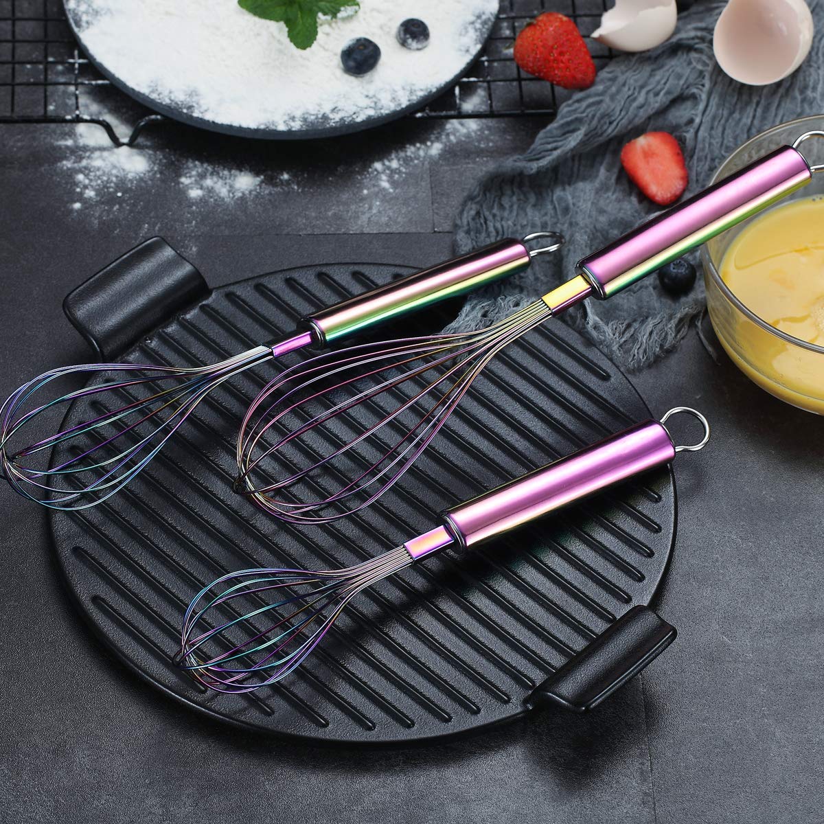 Berglander Rainbow Whisk Pack Of 3 Stainless Steel 8'',10'',12'', Titianium Plating Rainbow Whisk Colorful Whisk For Cooking, Be
