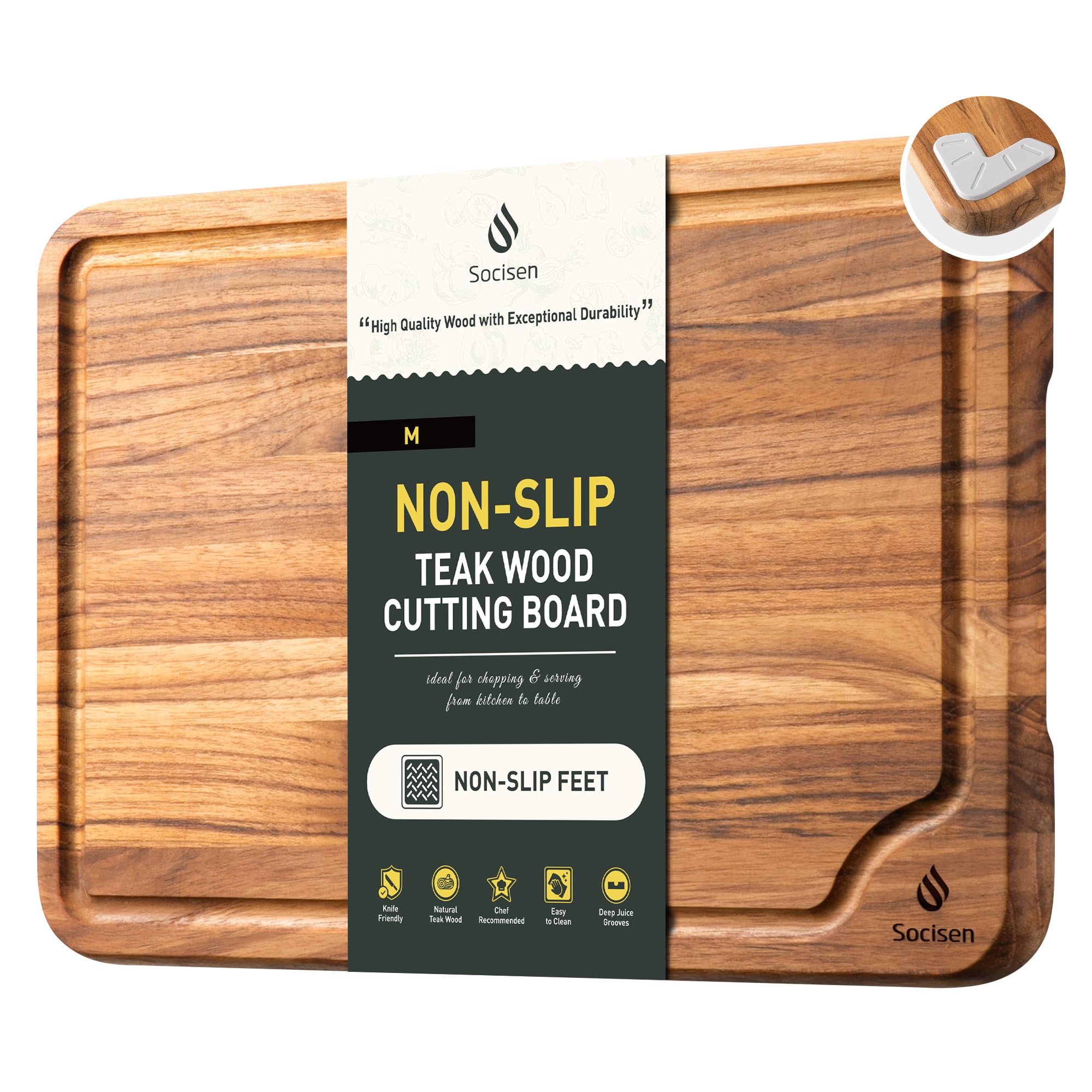 Teak Wood Cutting Board for Kitchen 13inch Charcuterie Board Serving Heavy Duty Non Toxic Slip Over Sink Solid Thick Haus Wooden