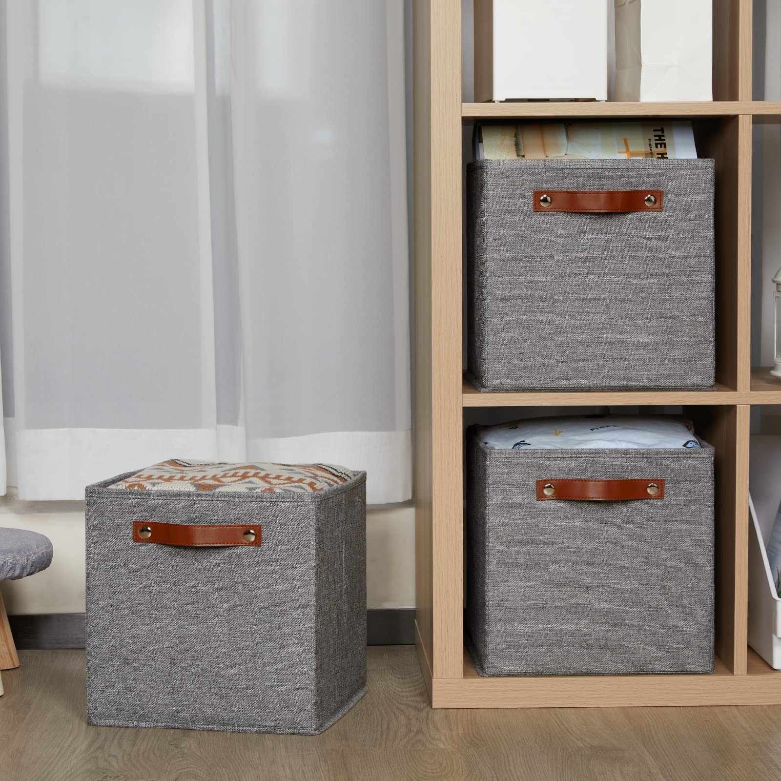 HNZIGE Shelf Storage Cubes Bins for Organizing  Set of 4  Cabby Fabric Cube 11x11 Cube Storage Bins  Closet Bins for Cube Organizer with Handles for Shelf Nursery(Gray)