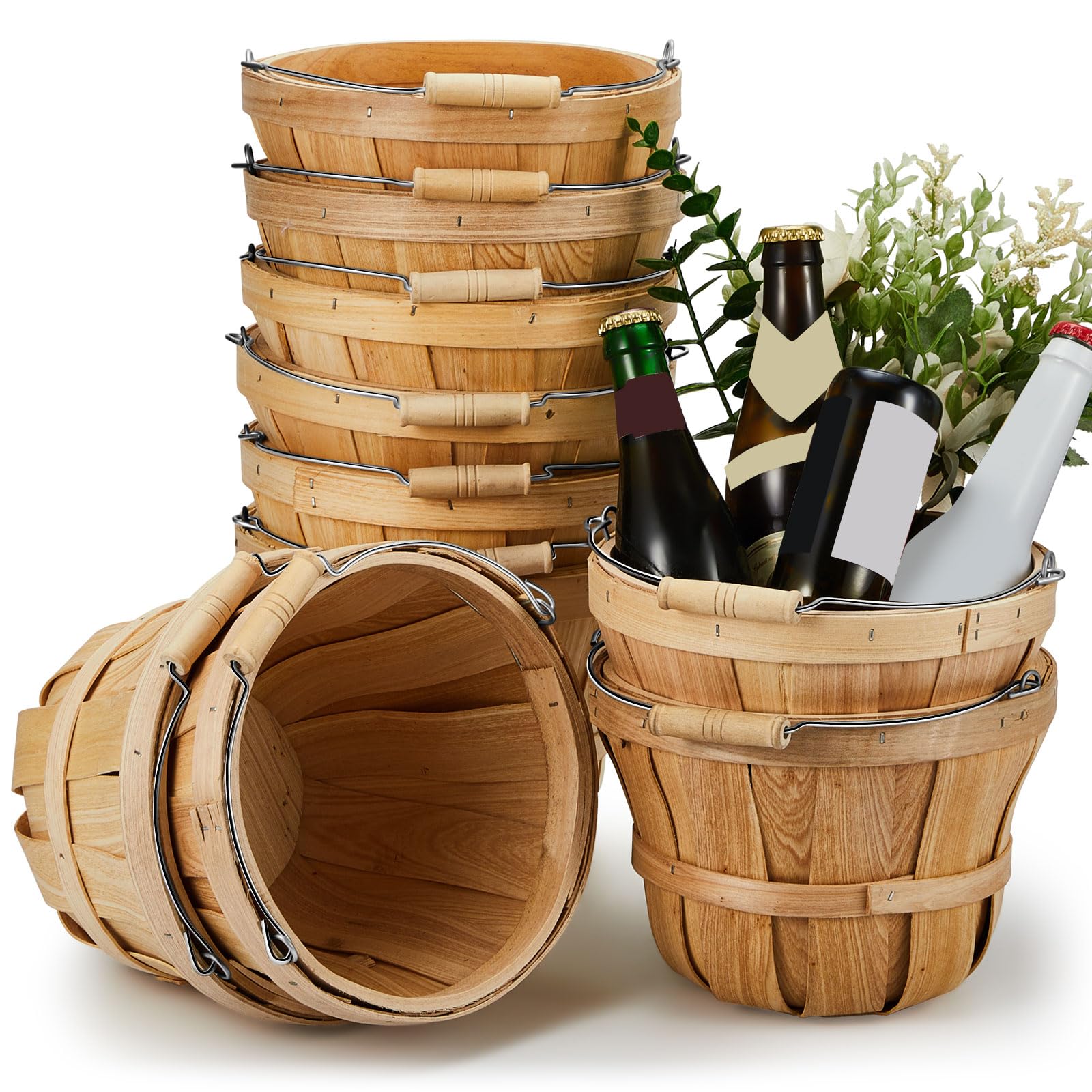 Marsui 16 Pcs 7.5 x 5.9 in Round Wooden Apple Bushel Basket Bulk with Handle Fall Harvest Basket Empty Fruit Gift Buckets for Au