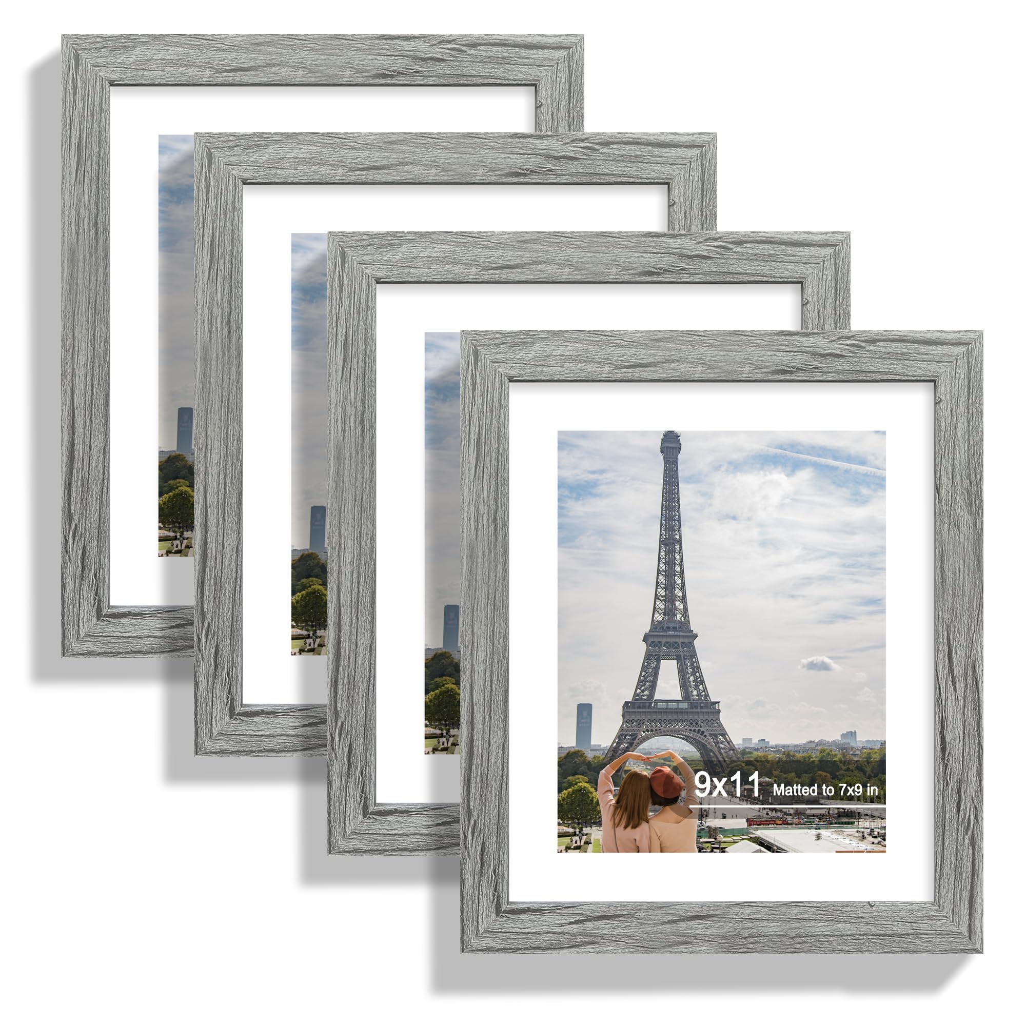 Hongkee 9x11 Picture Frame Set of 4, Made of Real Glass and Grey Frame - Display Picture 7x9 with Mat or 9x11 Without Mat, 9 by 