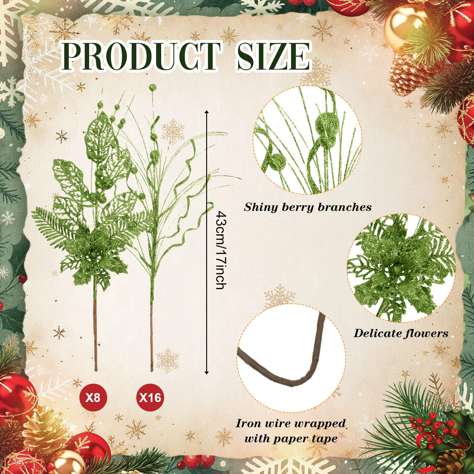 Yunlly 24 Pcs Green Christmas Tree Picks and Sprays Glitter Berry Stem Branches Artificial Christmas Picks Twigs Xmas Tree Ornam