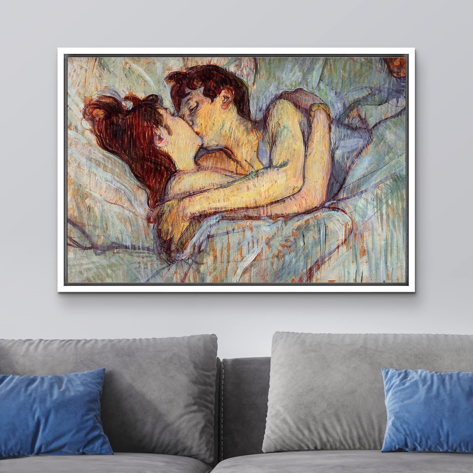 Wall26 - In Bed The Kiss By Henri De Toulouse-Lautrec - Framed Canvas Print Wall Art Famous Painting Reproduction - 24''X36'' Wh