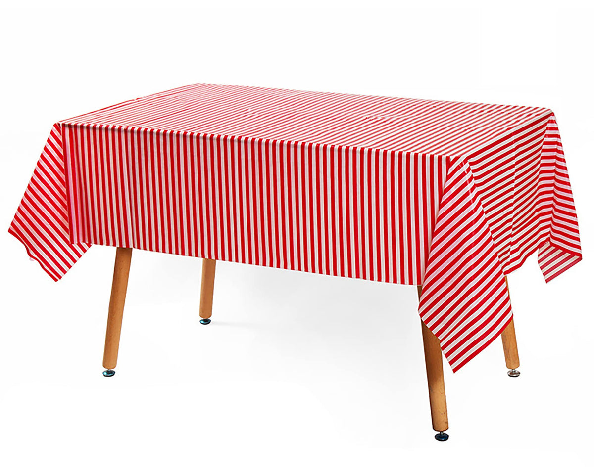 Yansanido Disposable Plastic Picnic Party Tablecloth, 2 Pcs Red White Stripe Plastic Picnic Tablecloth 108 Inch X 54 Inch Rectan
