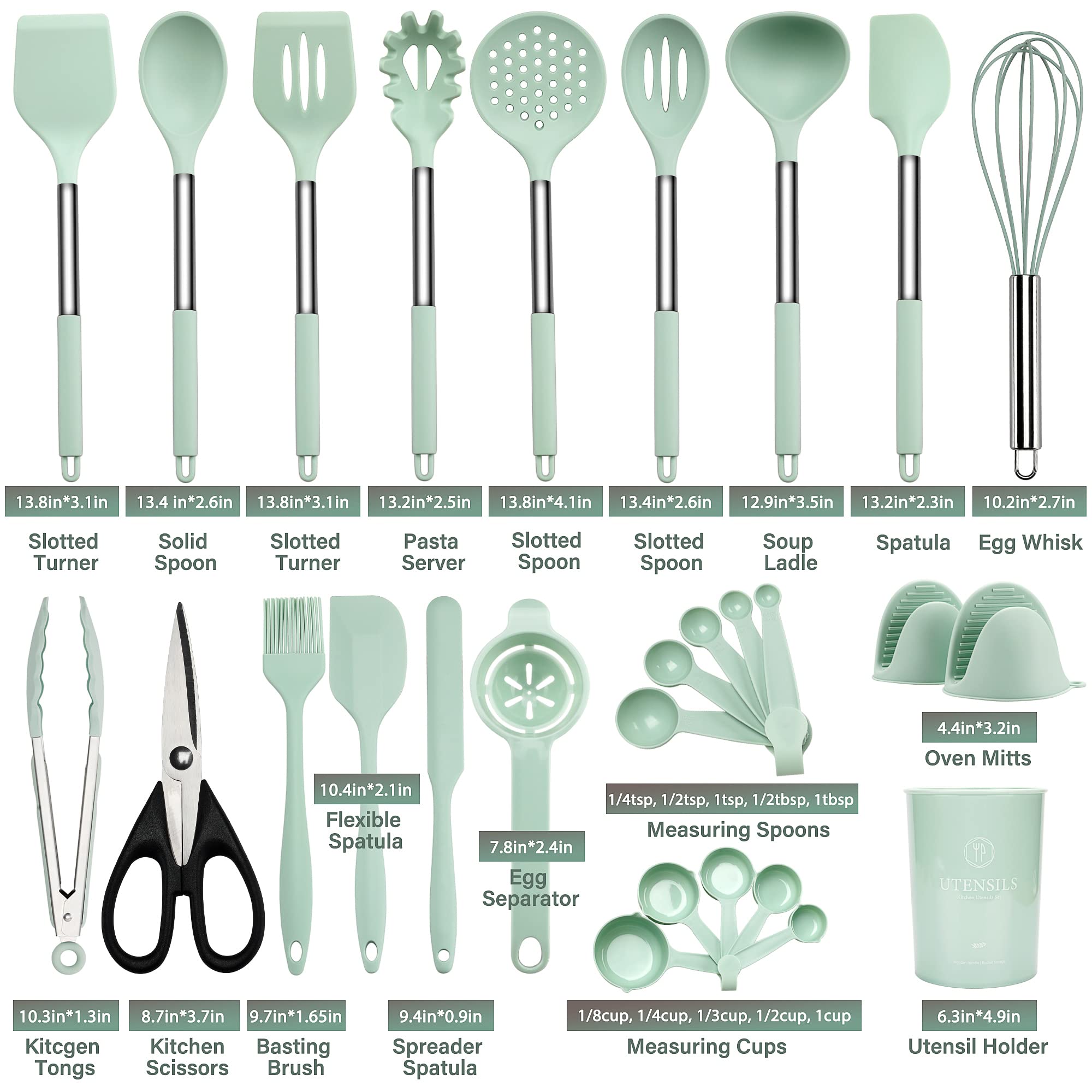 QMVESS 28 Pcs Silicone Cooking Utensils Set, Heat Resistant, Light Green, Stainless Steel Handles, Medium Size, Model QMB001