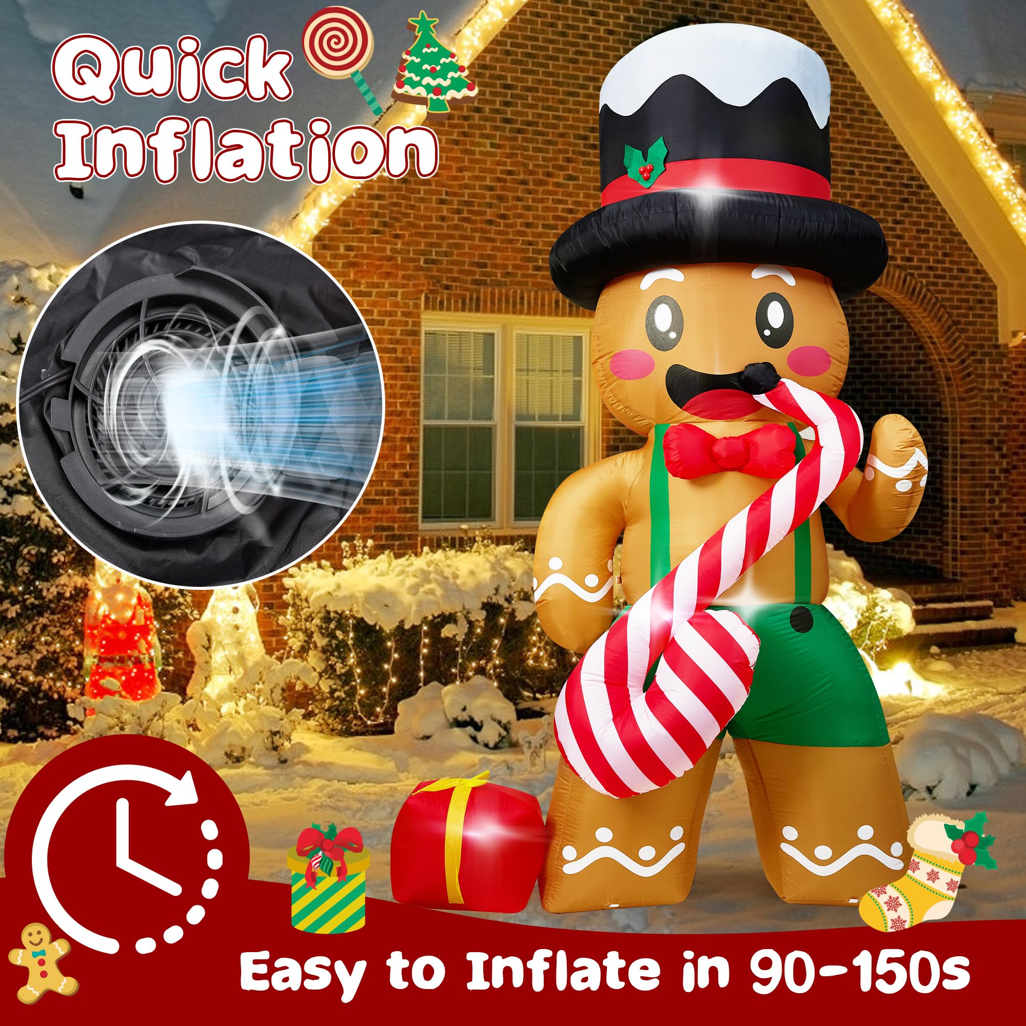 8 FT Christmas Inflatables Decorations with Built-in LEDs, Gingerbread Man Playing Candy Cane Saxophone Blow-Up Christmas Inflat