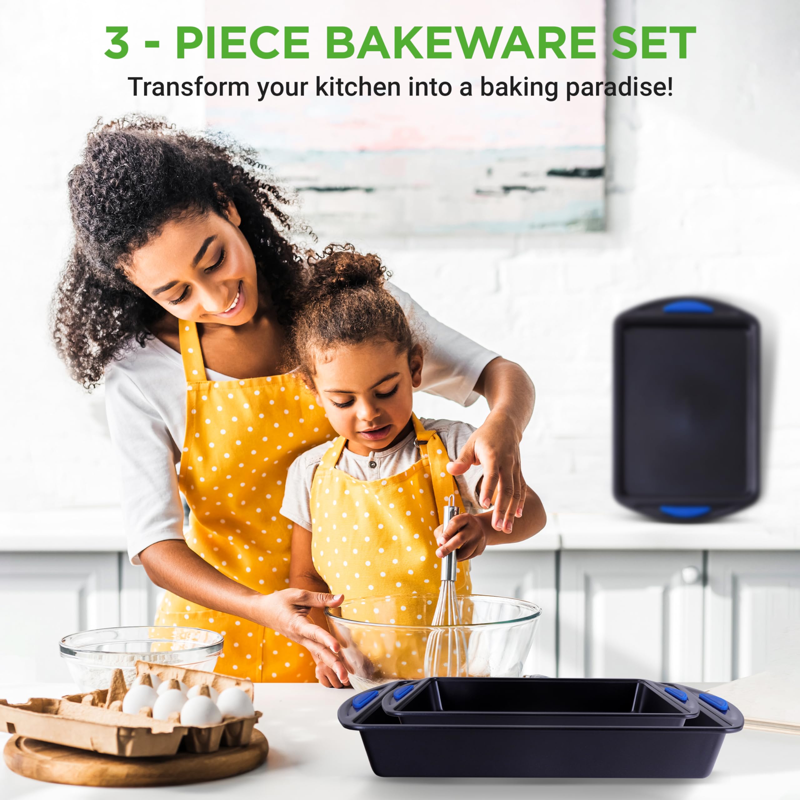 Nutrichef 3-Piece Nonstick Baking Pans Set - Premium Oven Bakeware With Silicone Handles, Non-Stick Heavy Duty Carbon Steel - St