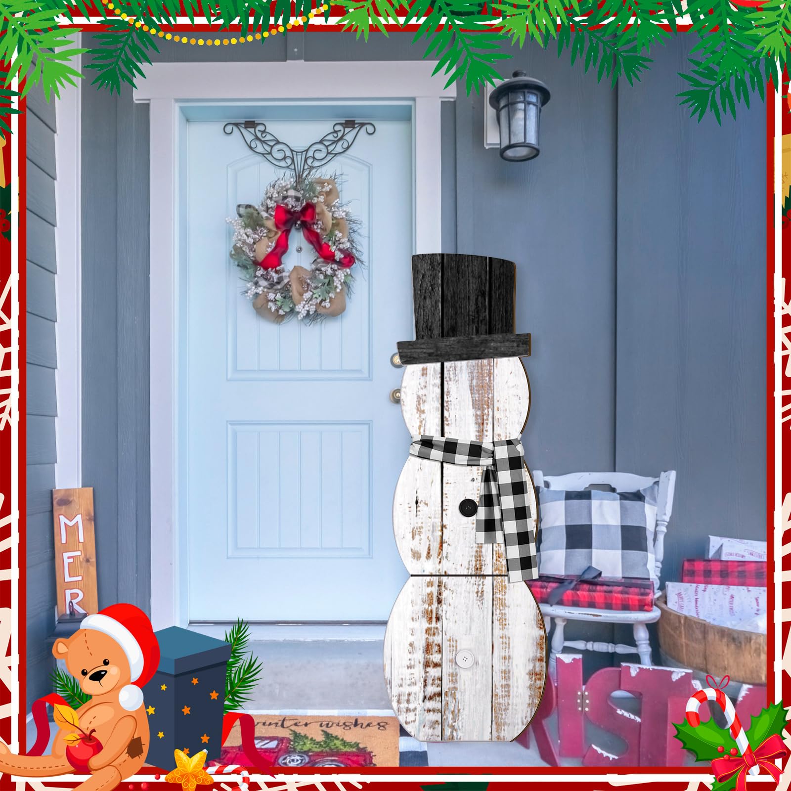 Memorywuu Christmas Porch Sign Christmas Snowman Nutcracker Porch Decor Wooden Winter Front Door Welcome Standing Sign for Xmas