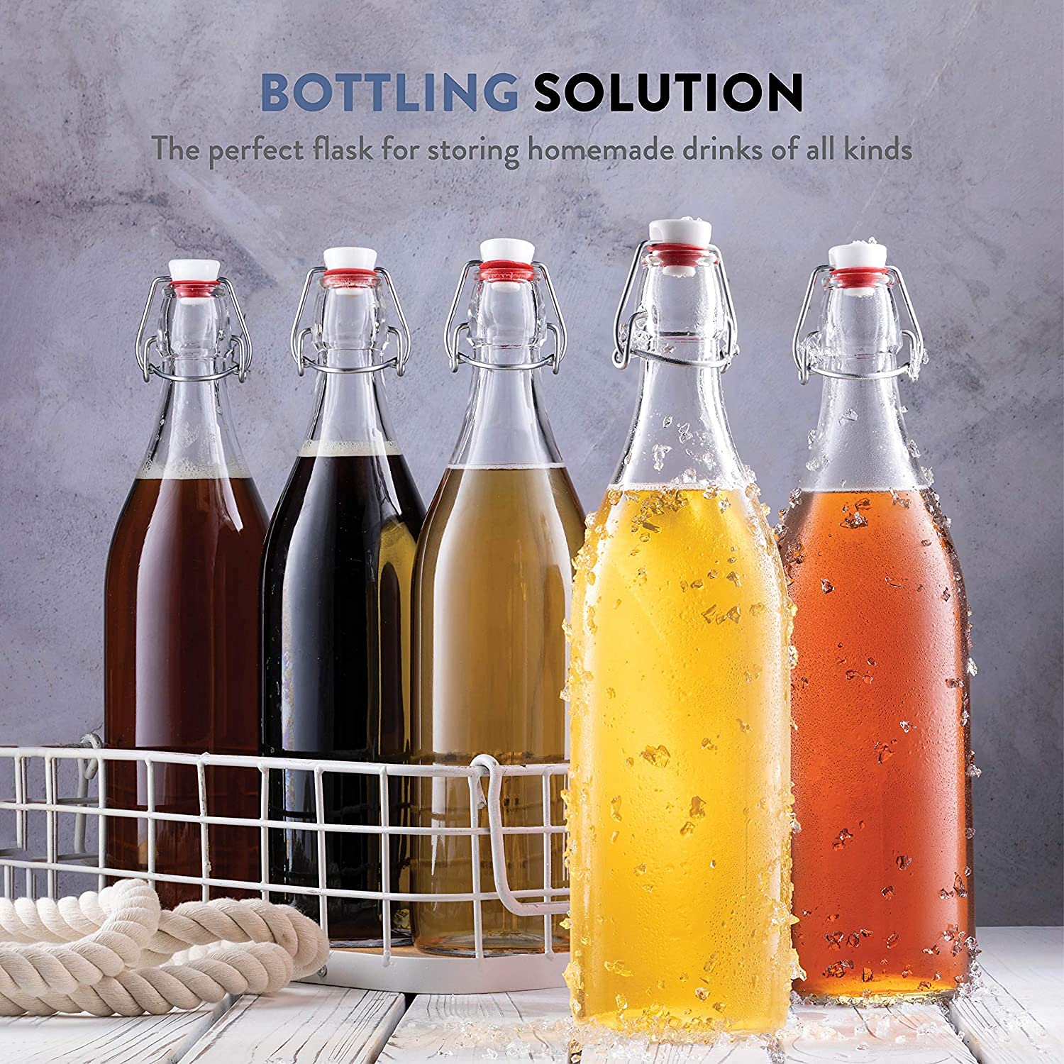 Bormioli Rocco Giara Swing Top Bottles 33 A Ounce1 Liter (6 Pack) Round Clear Glass Grolsch Flip Top Bottle With Stopper