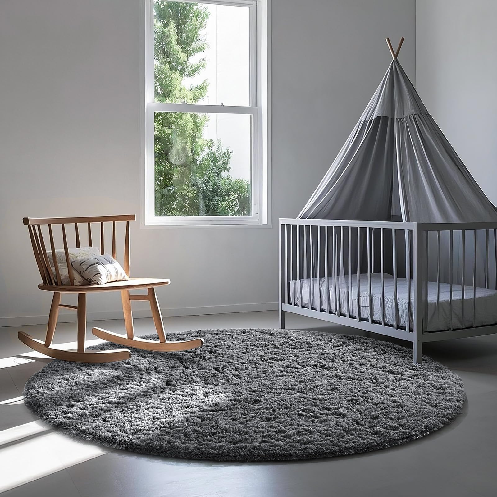 Ophanie Round Rugs 5Ft Grey Circle Area Rug, Fluffy Fuzzy Bedroom Carpet, Plush Soft Shaggy Indoor Floor Gray Living Room Rugs f