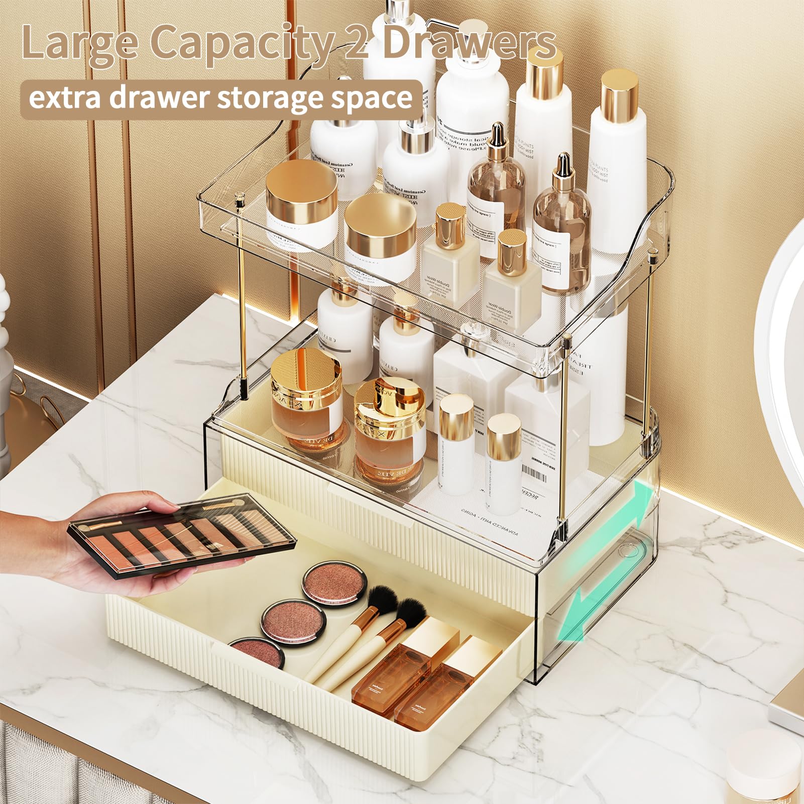 Shuang Qing 2-Tier 2-Drawer Bathroom Countertop Organizer, Skin Care Large Organizer, Multi-Purpose Makeup Storage Rack For Vani