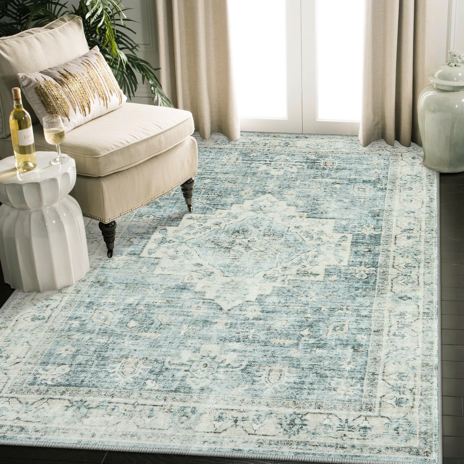 LIVEBOX Washable Area Rug 5x7 - Vintage Boho Living Room Rug Non-Slip Nursery Rug for Bedroom,Low-Pile Carpet Print Distressed E
