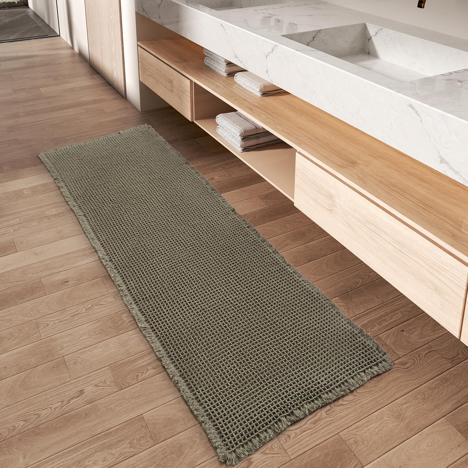 Upgraded Waffle Runner Rug Super Absorbent Non Slip Bath Mats for Bathroom Floor, Machine Washable Bathroom Runner Rug with Tass